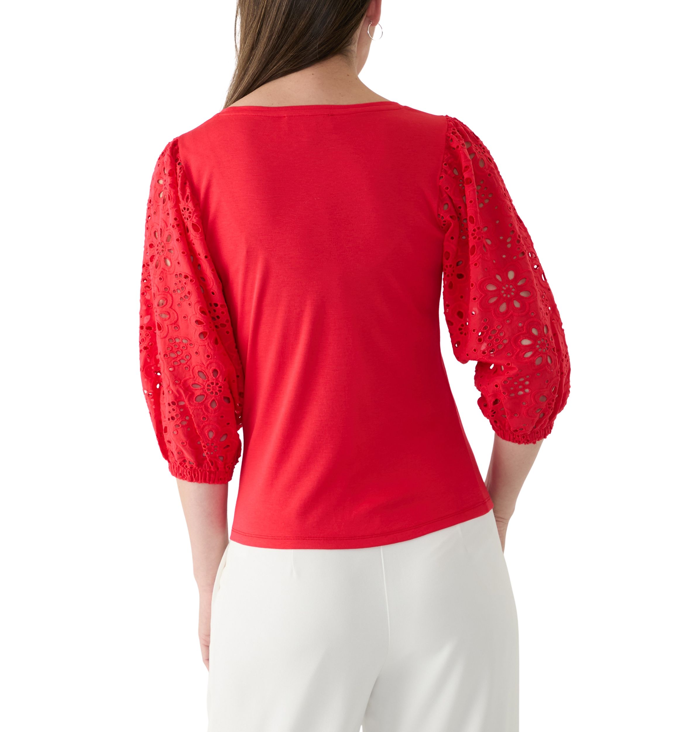 Womens 3/4 Sleeve Pleated Eyelet Knit Top