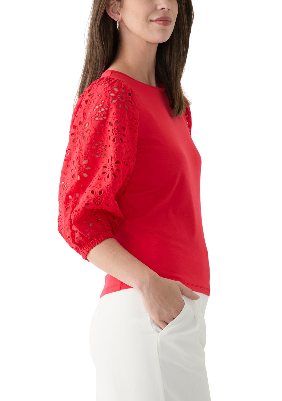 Womens 3/4 Sleeve Pleated Eyelet Knit Top