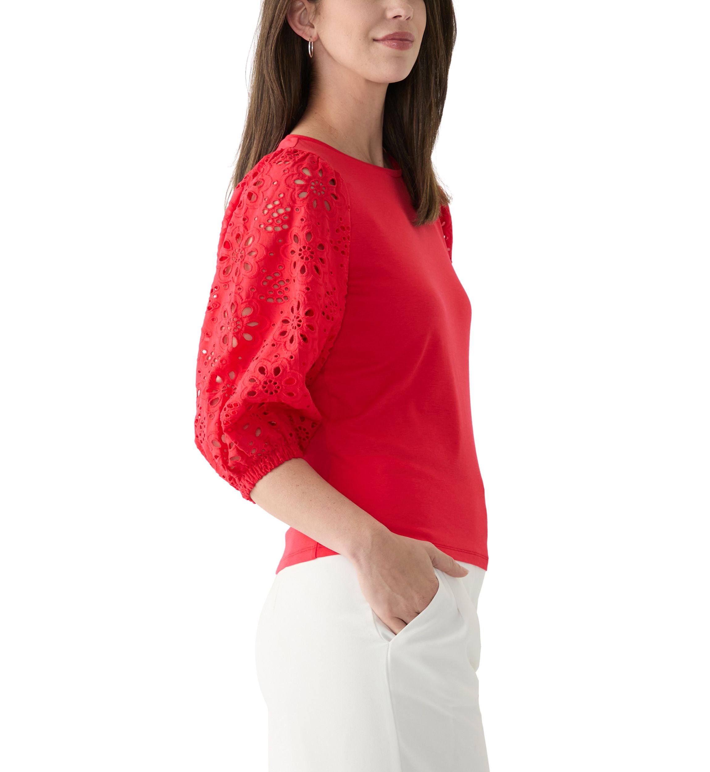 Womens 3/4 Sleeve Pleated Eyelet Knit Top