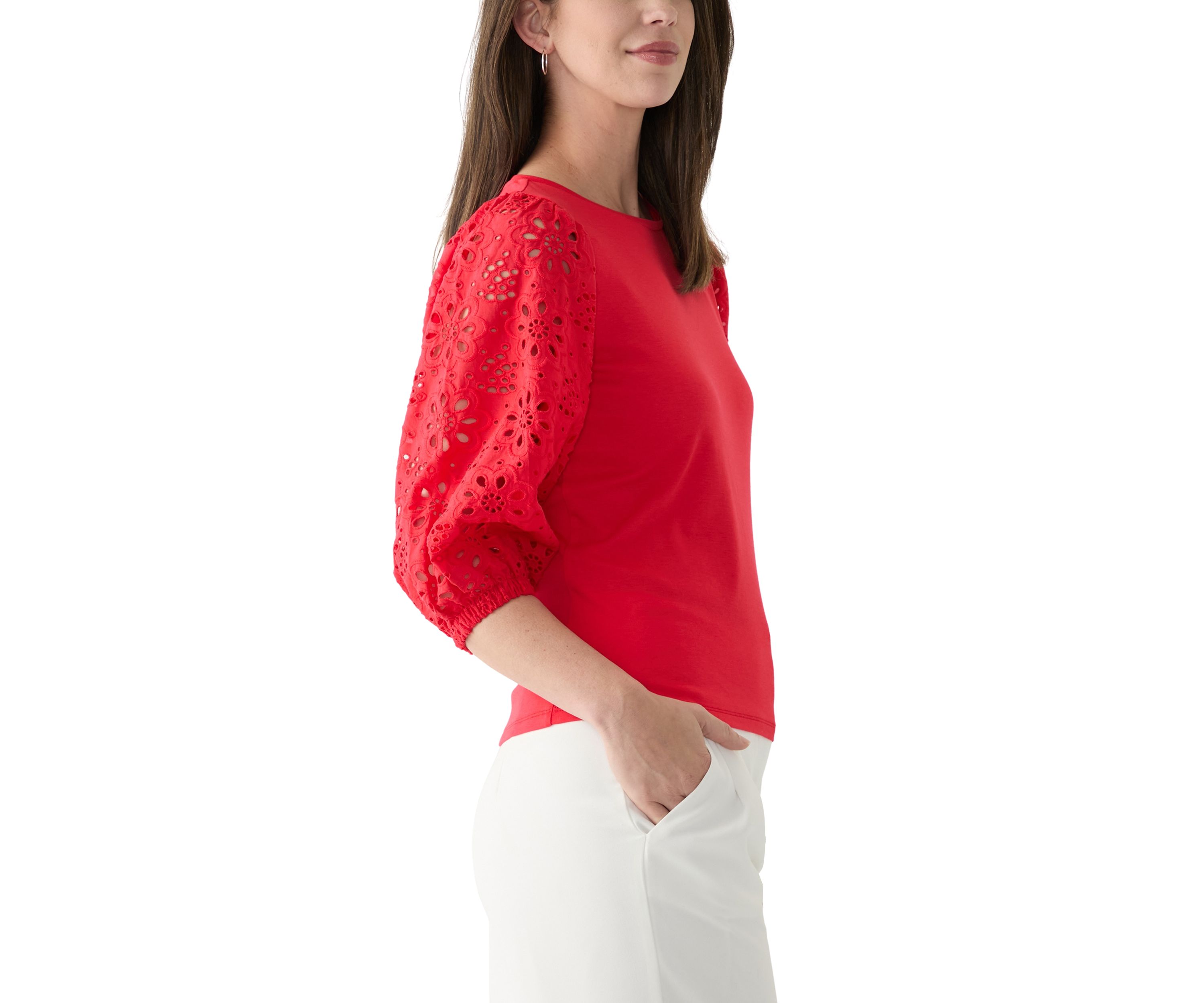 Womens 3/4 Sleeve Pleated Eyelet Knit Top