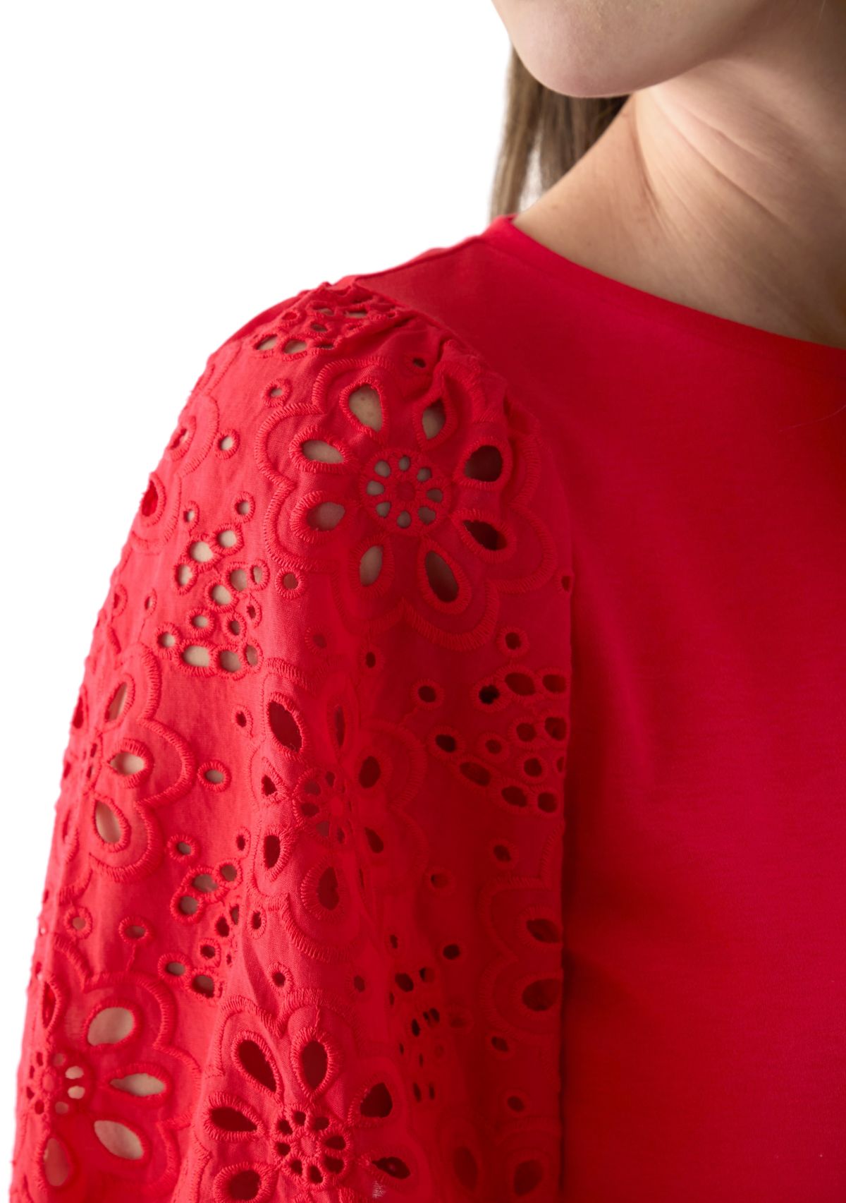 Womens 3/4 Sleeve Pleated Eyelet Knit Top