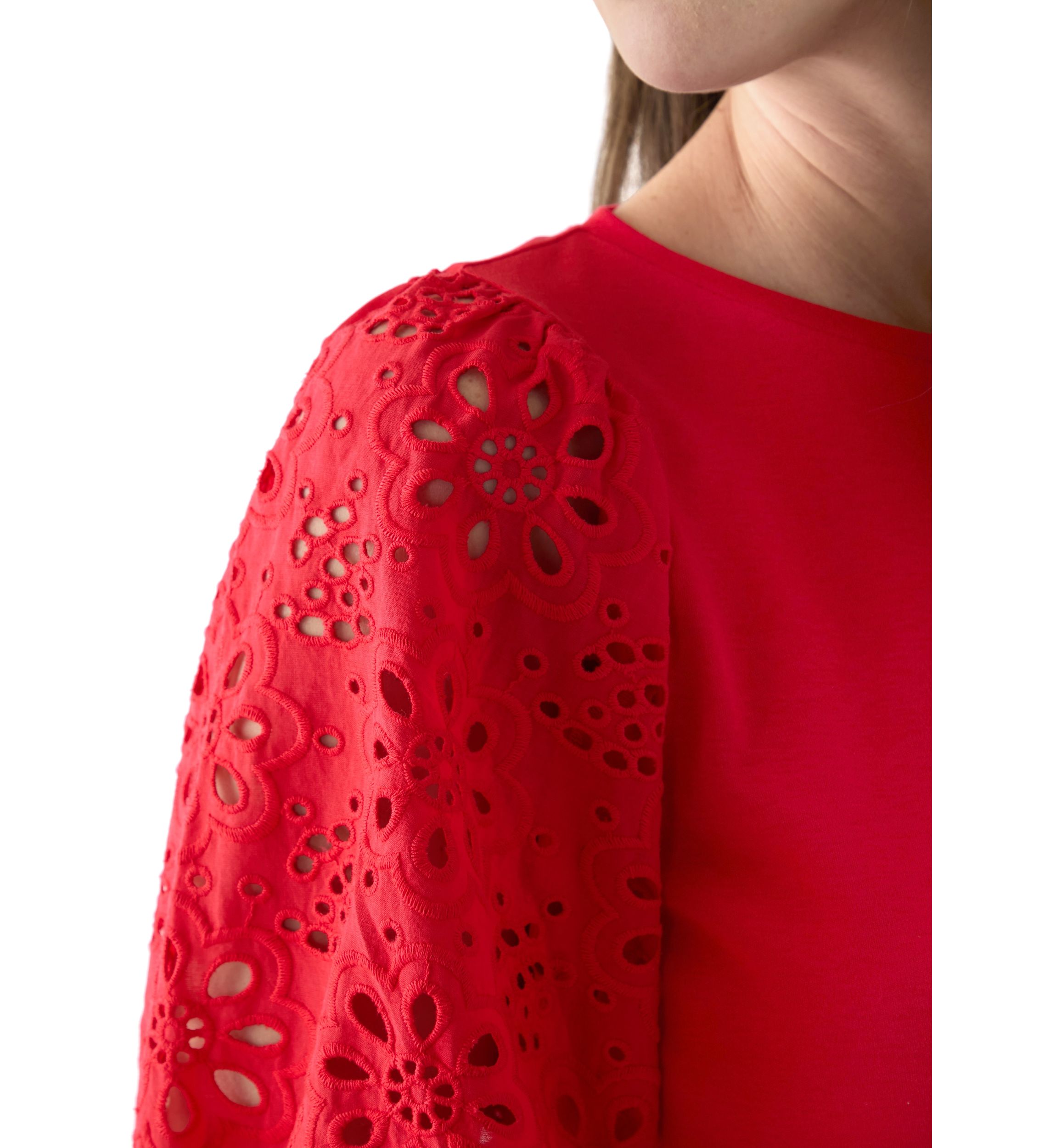 Womens 3/4 Sleeve Pleated Eyelet Knit Top