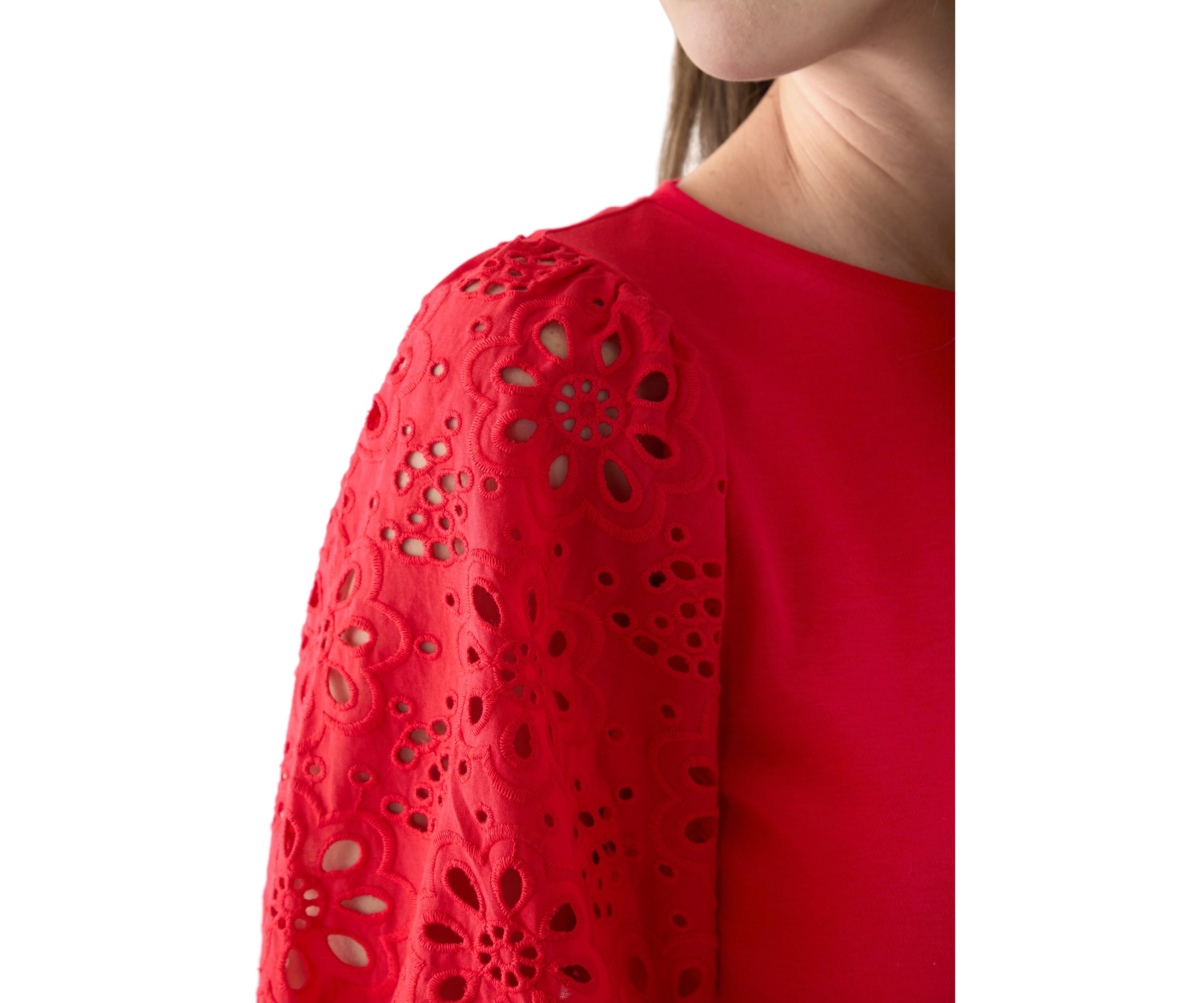 Womens 3/4 Sleeve Pleated Eyelet Knit Top