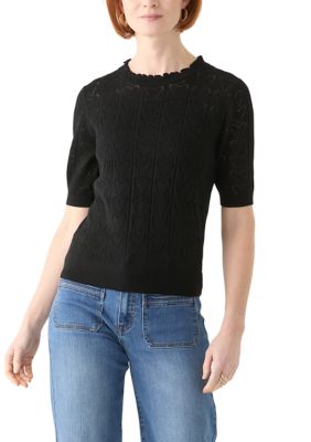 PHILOSOPHY BY REPUBLIC Women's Short Sleeve Scallop Neck Heart Pointelle Sweater, Black, XL