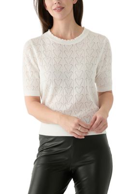 PHILOSOPHY BY REPUBLIC Women's Short Sleeve Scallop Neck Heart Pointelle Sweater, Ivory, XL