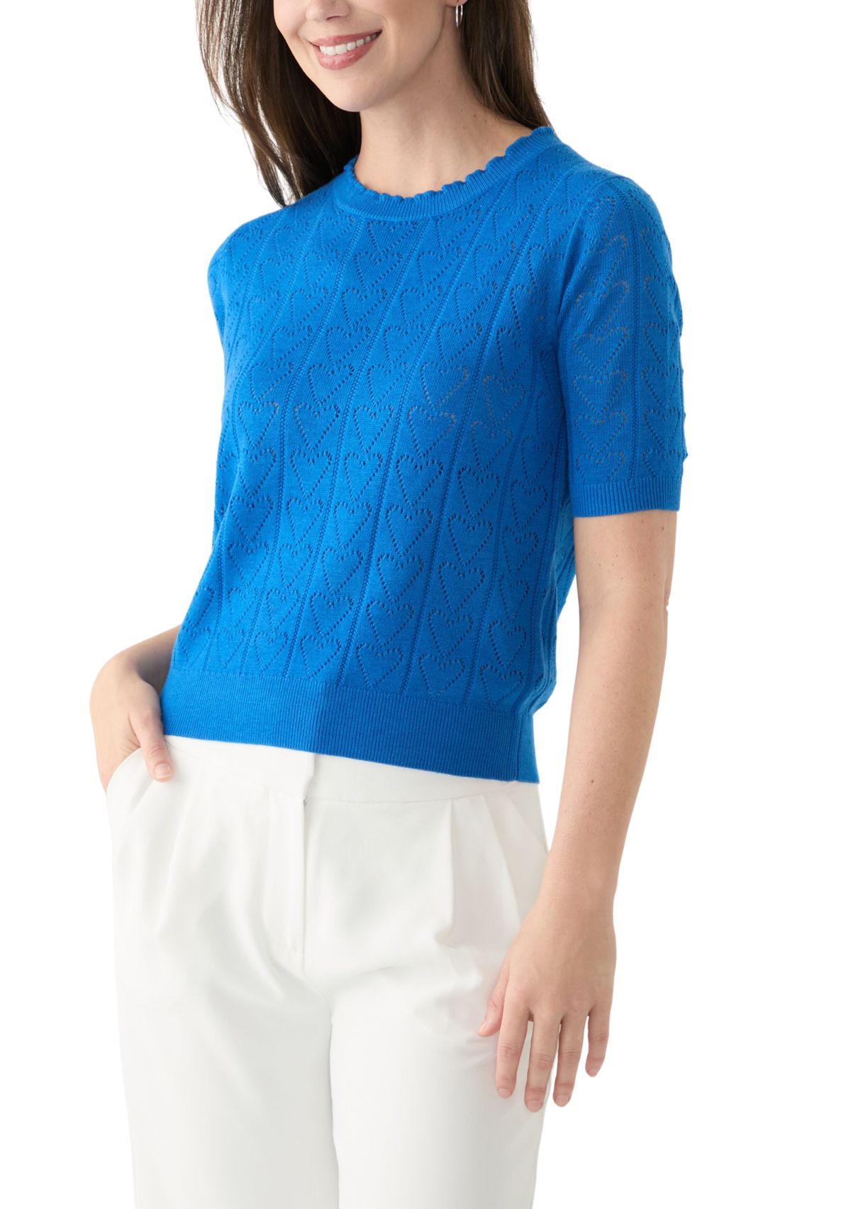 Womens Short Sleeve Scallop Neck Heart Pointelle Sweater