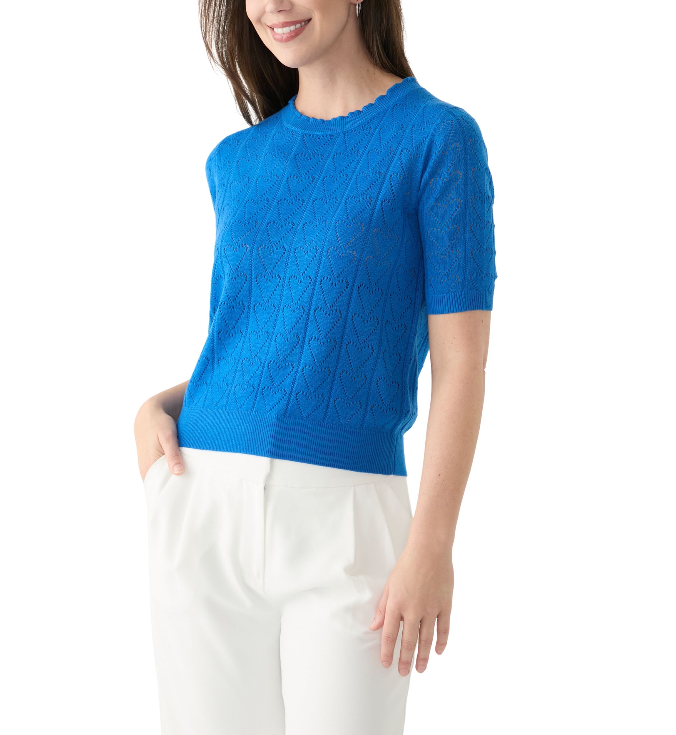 Womens Short Sleeve Scallop Neck Heart Pointelle Sweater