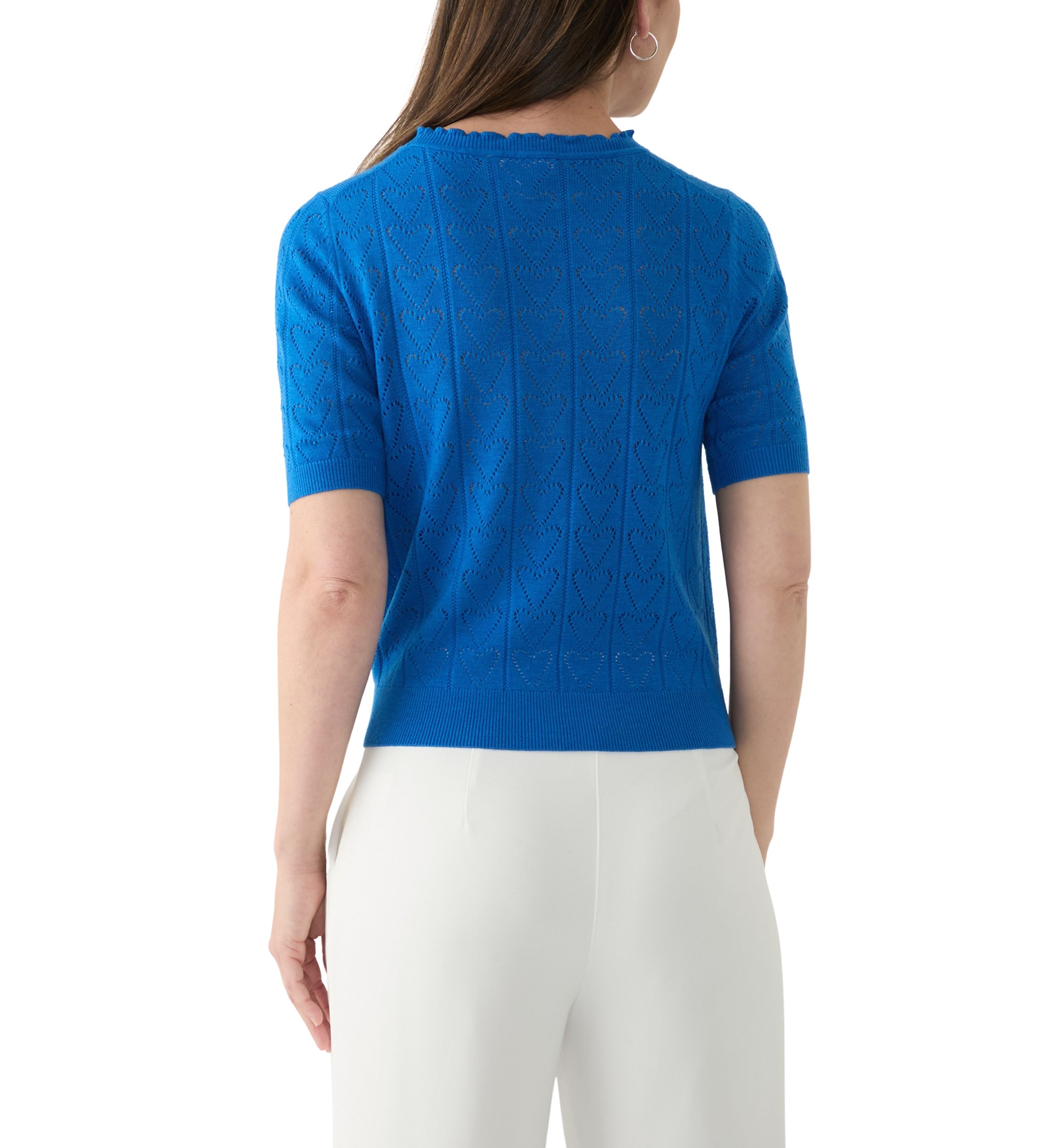 Womens Short Sleeve Scallop Neck Heart Pointelle Sweater