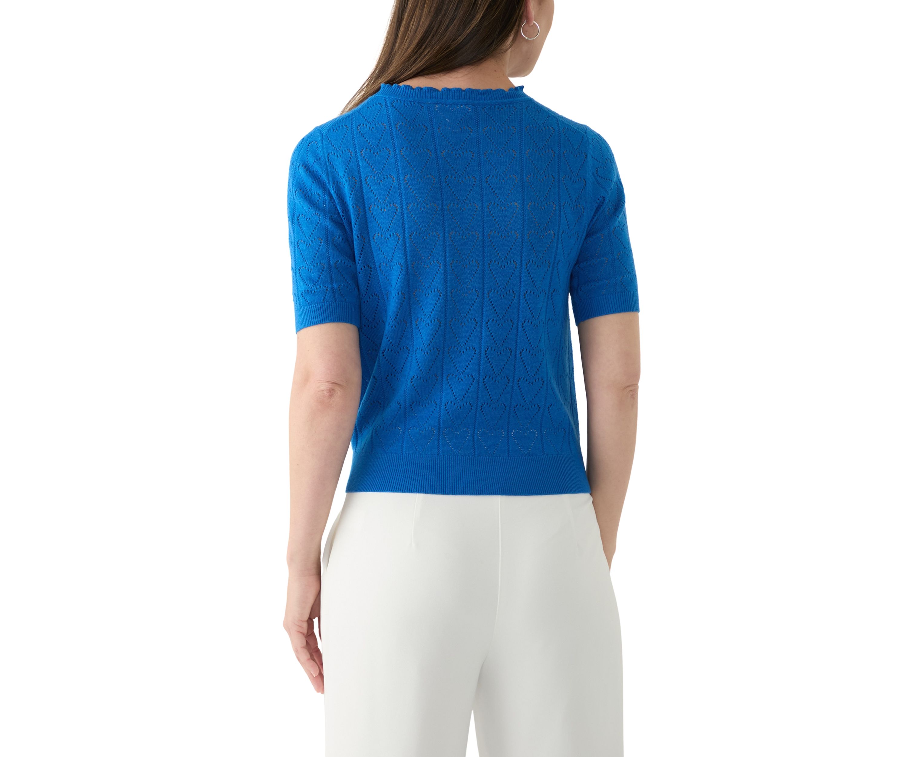 Womens Short Sleeve Scallop Neck Heart Pointelle Sweater