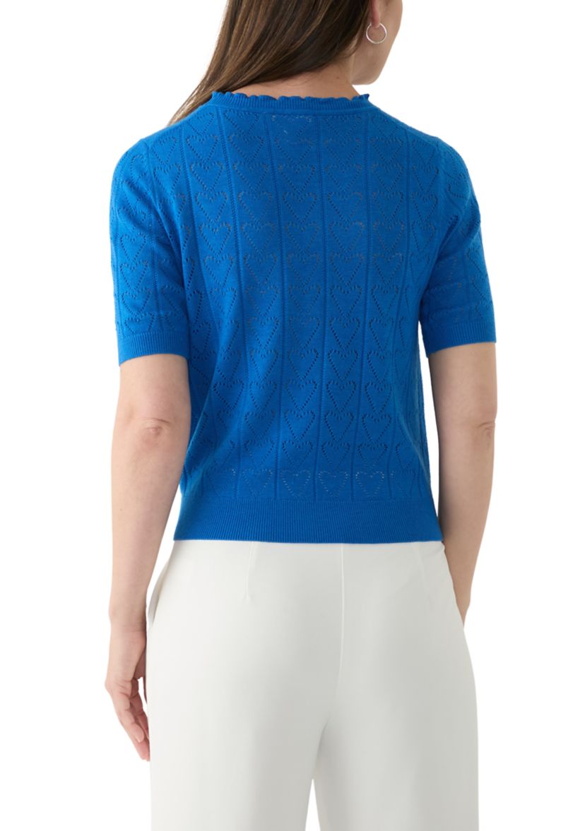 Womens Short Sleeve Scallop Neck Heart Pointelle Sweater