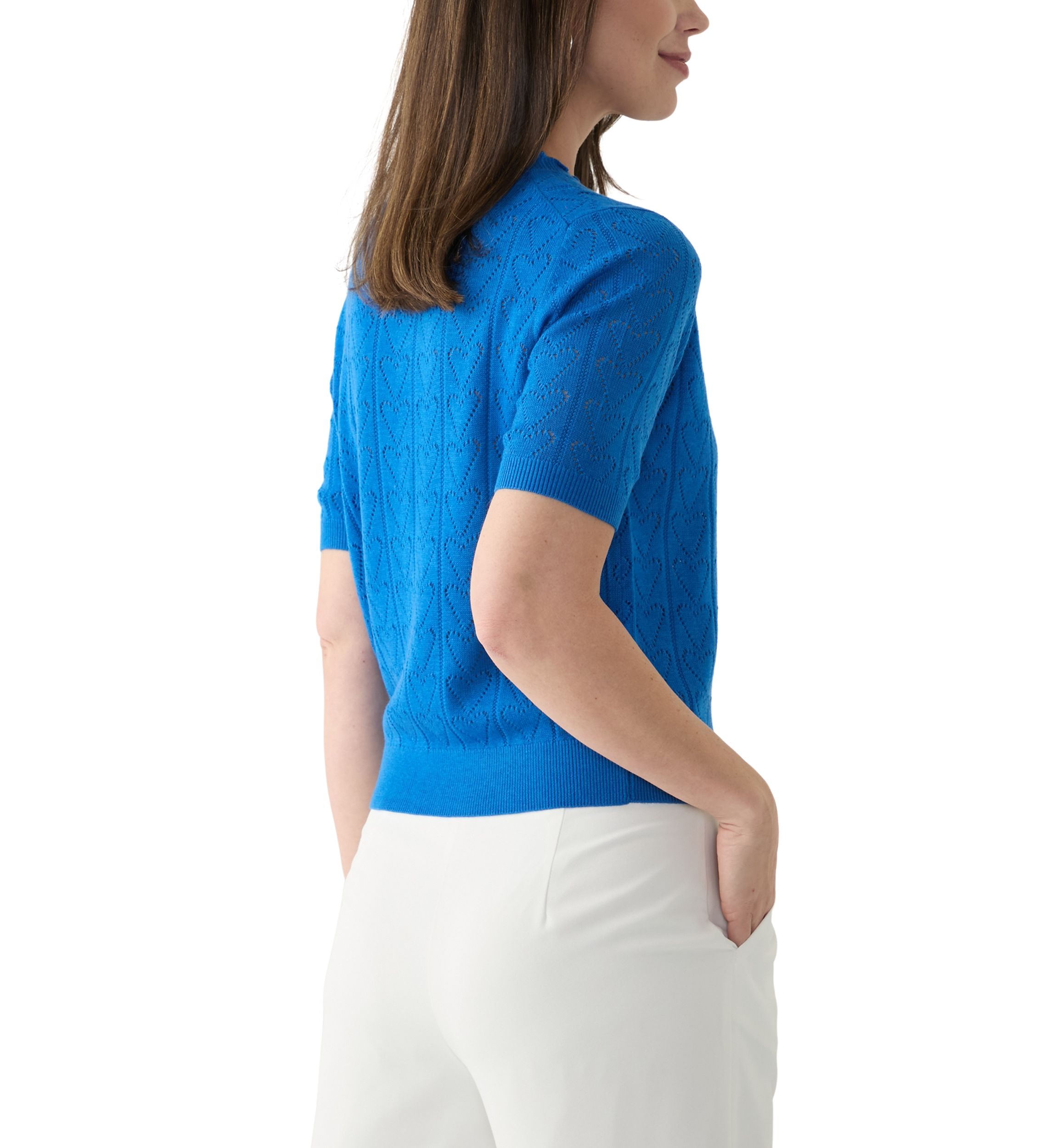 Womens Short Sleeve Scallop Neck Heart Pointelle Sweater