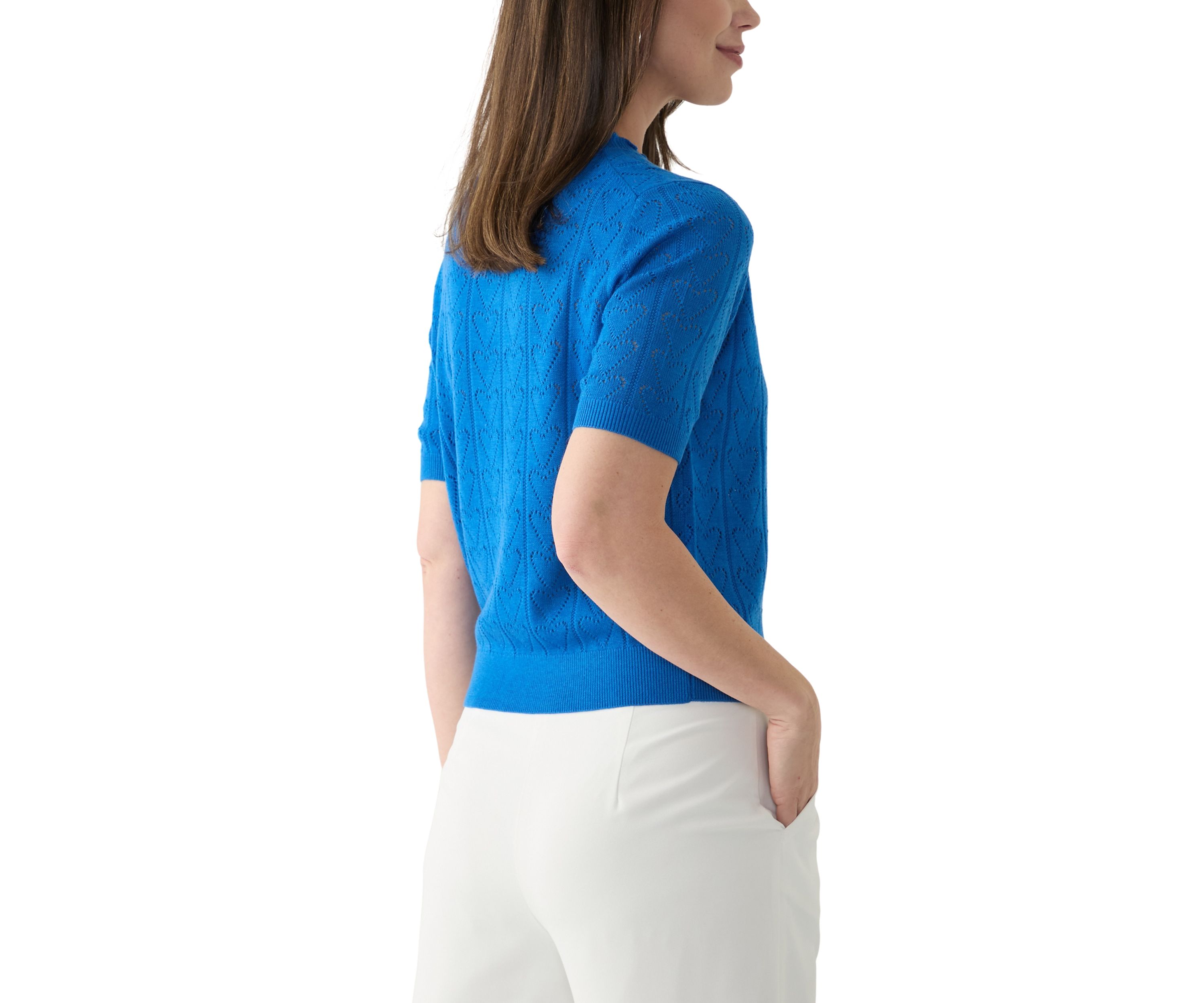 Womens Short Sleeve Scallop Neck Heart Pointelle Sweater