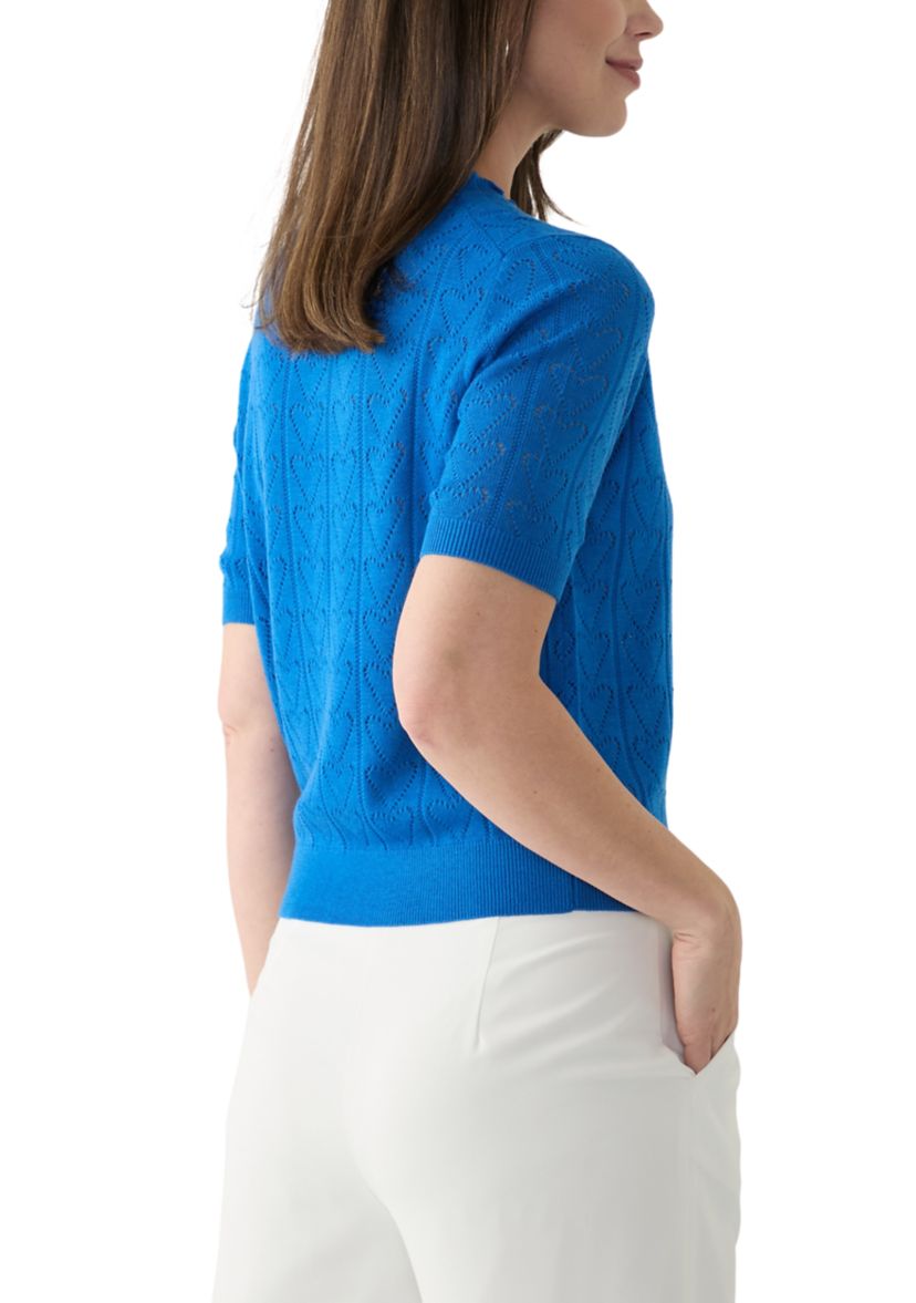 Womens Short Sleeve Scallop Neck Heart Pointelle Sweater