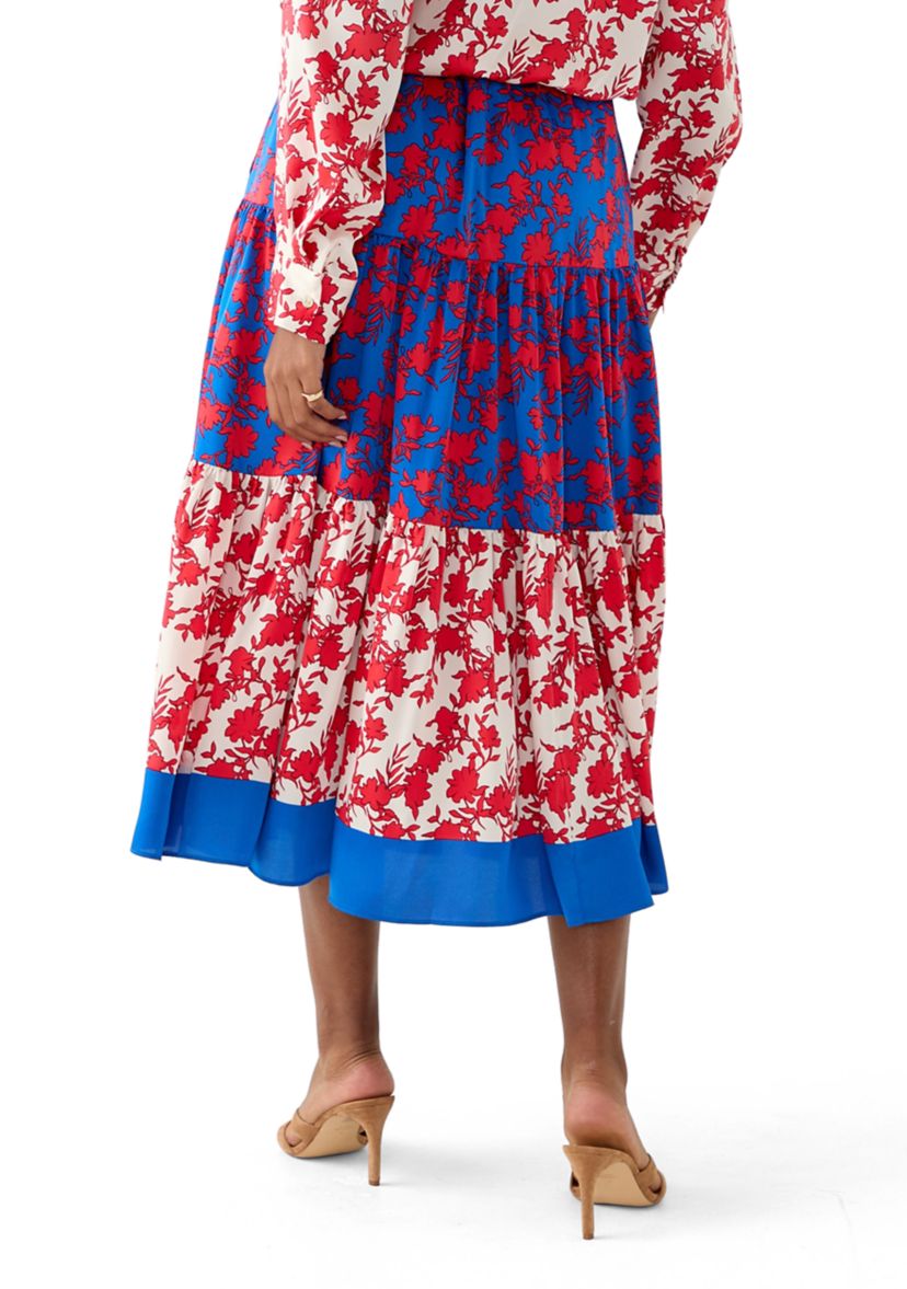 Womens Tiered Mixed Print Skirt