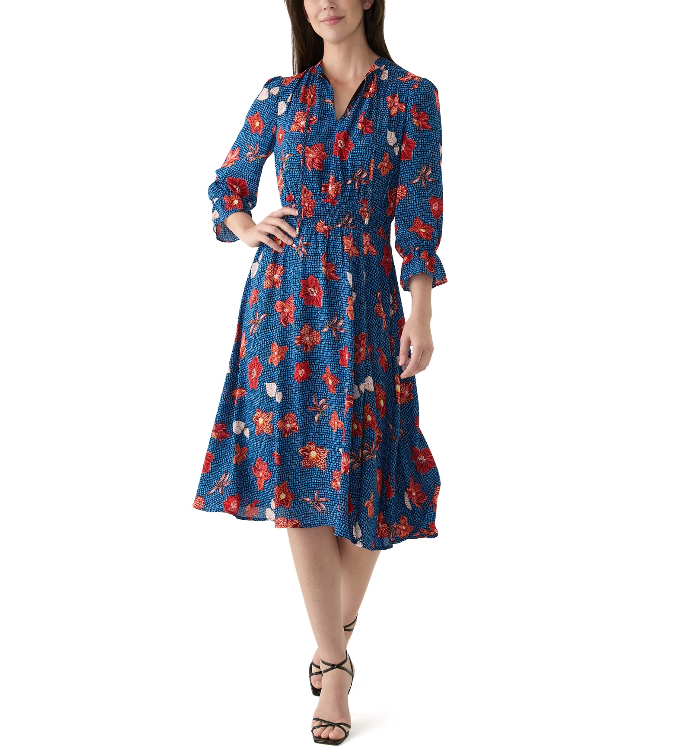 Womens 3/4 Sleeve Split Neck Smocked Waist Printed Dress