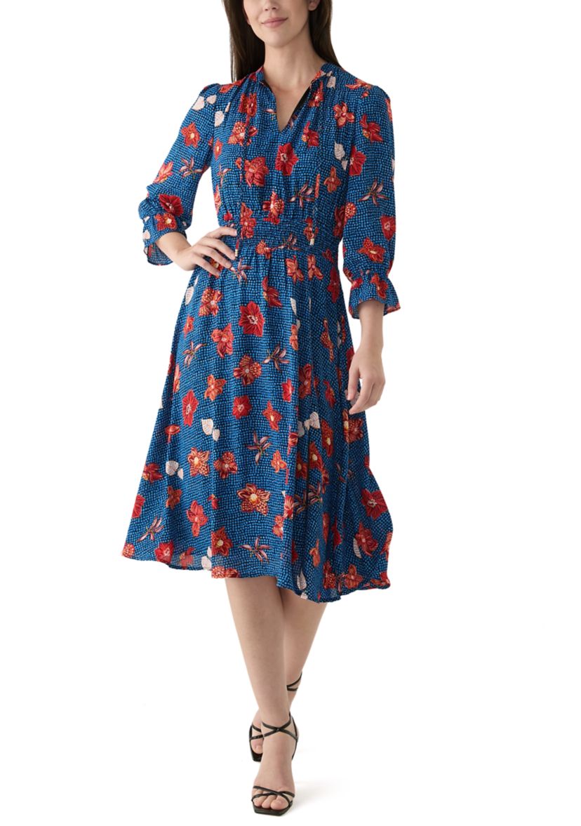 Womens 3/4 Sleeve Split Neck Smocked Waist Printed Dress