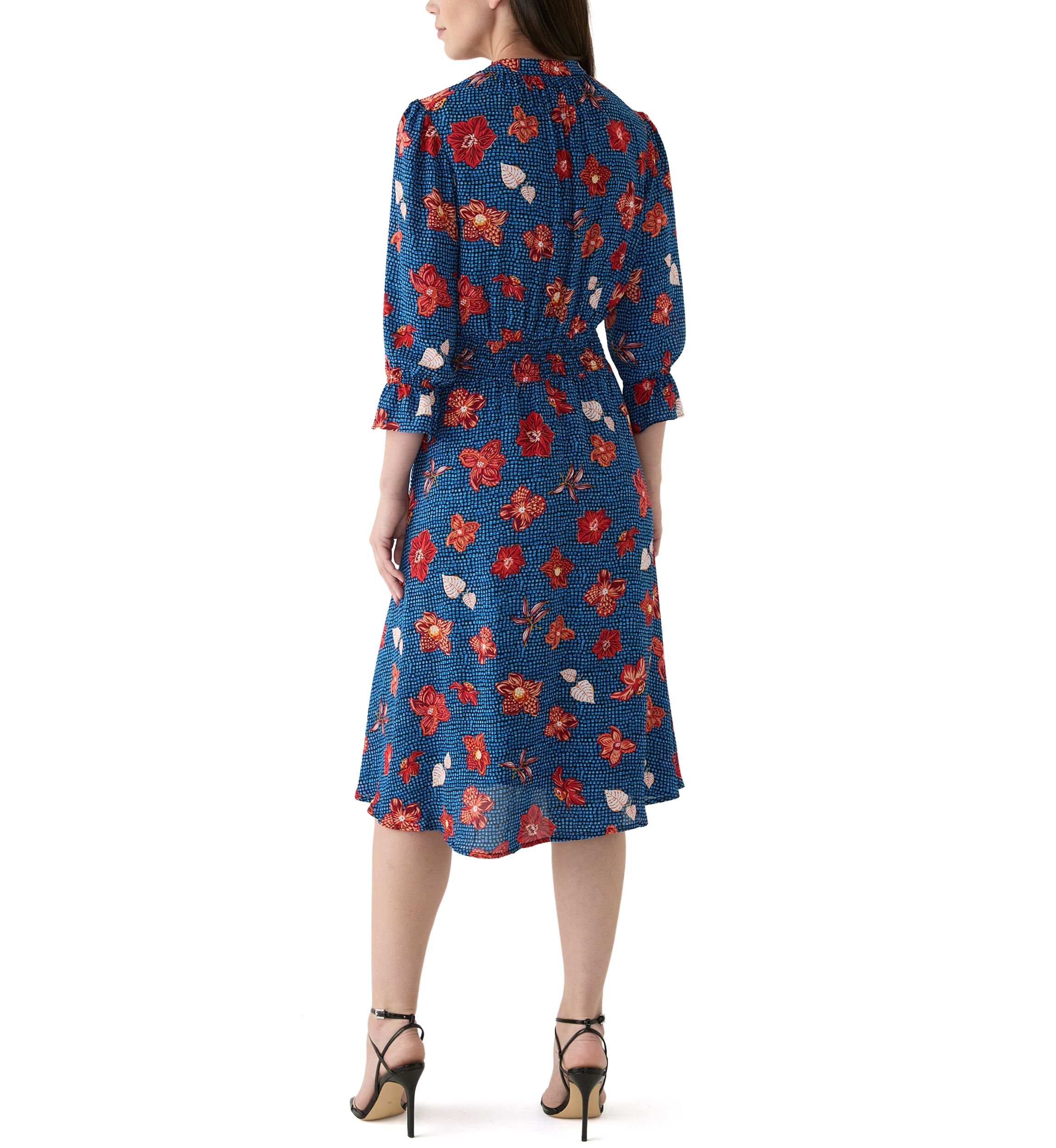 Womens 3/4 Sleeve Split Neck Smocked Waist Printed Dress