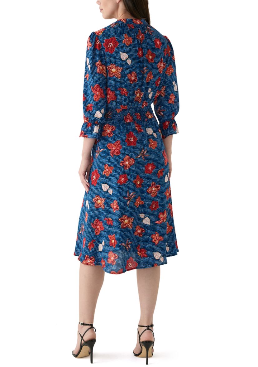 Womens 3/4 Sleeve Split Neck Smocked Waist Printed Dress