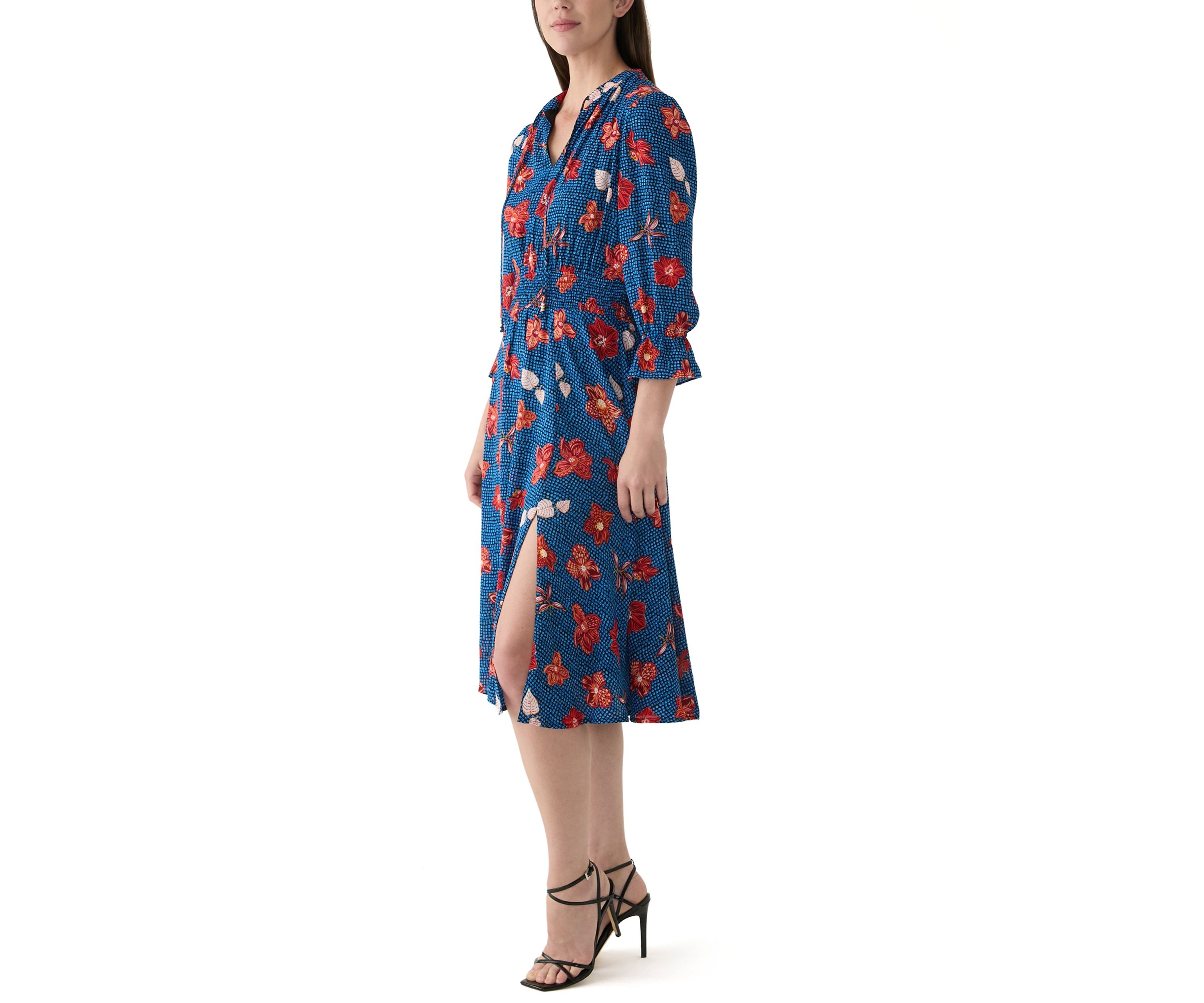 Womens 3/4 Sleeve Split Neck Smocked Waist Printed Dress