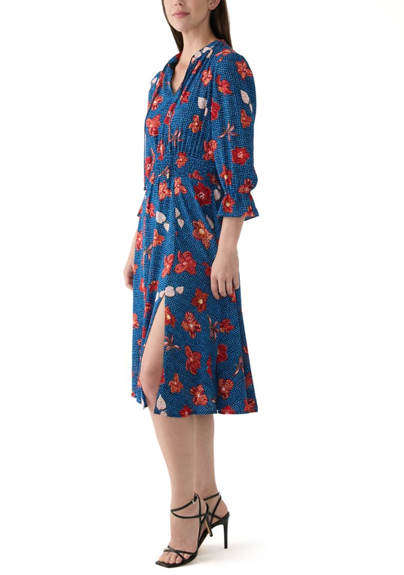 Womens 3/4 Sleeve Split Neck Smocked Waist Printed Dress
