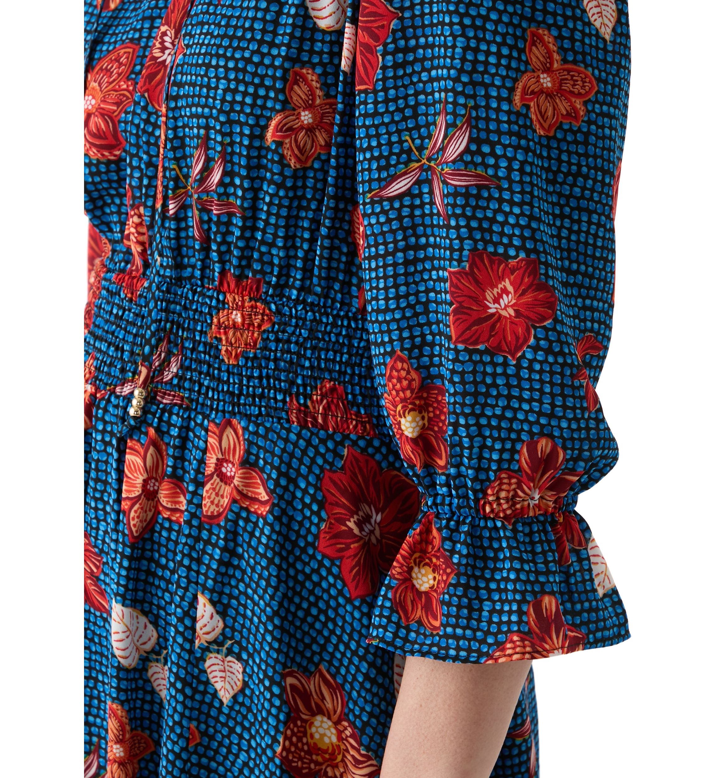 Womens 3/4 Sleeve Split Neck Smocked Waist Printed Dress
