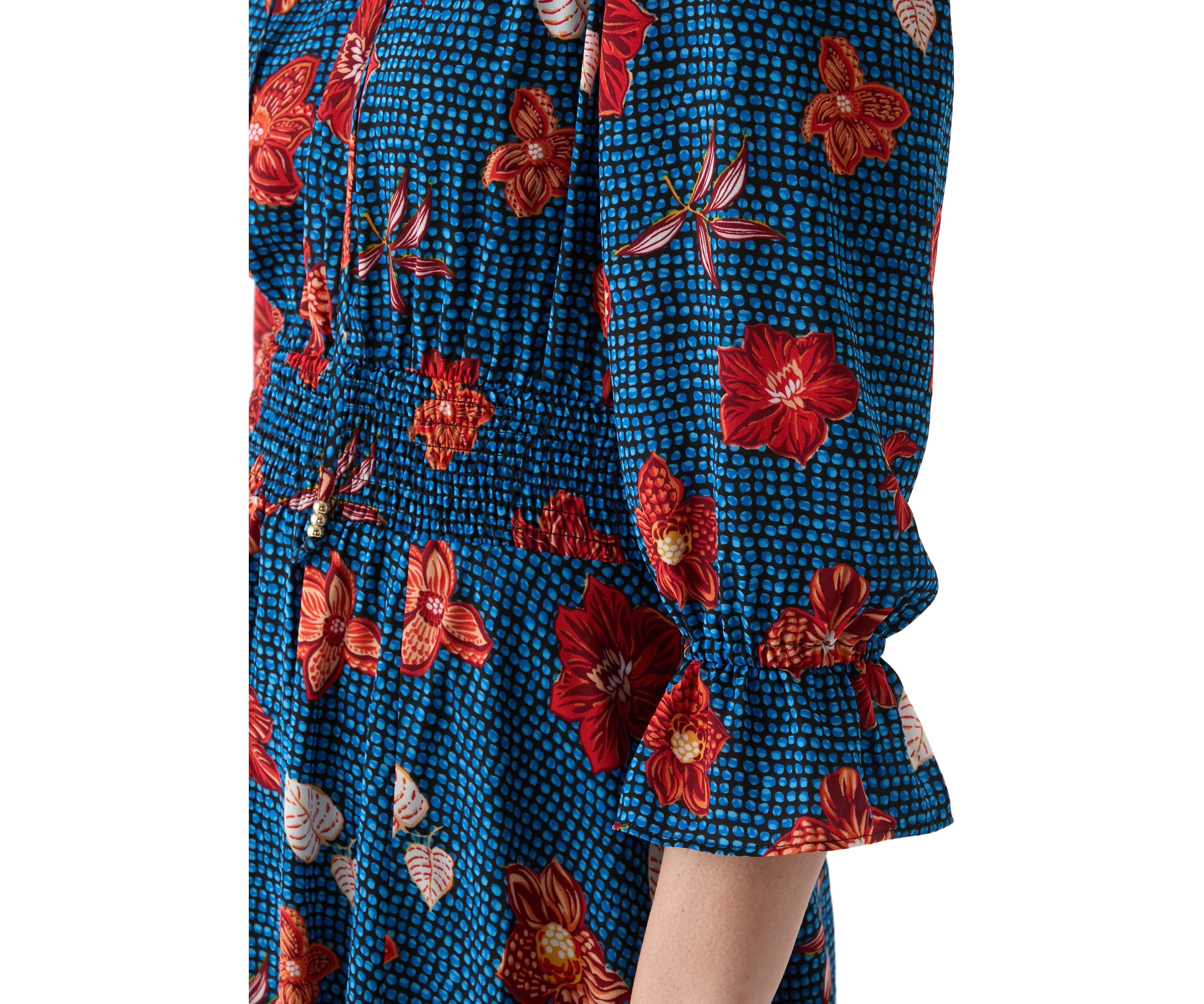 Womens 3/4 Sleeve Split Neck Smocked Waist Printed Dress