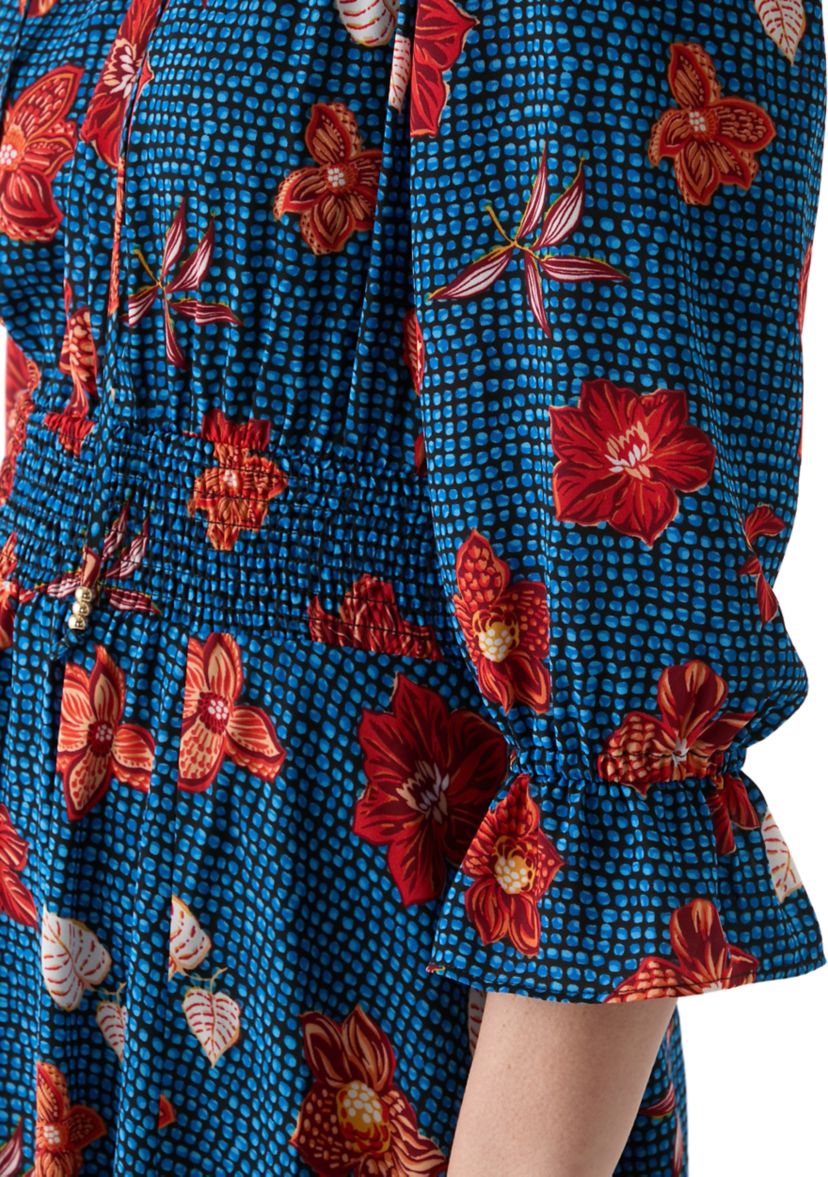 Womens 3/4 Sleeve Split Neck Smocked Waist Printed Dress