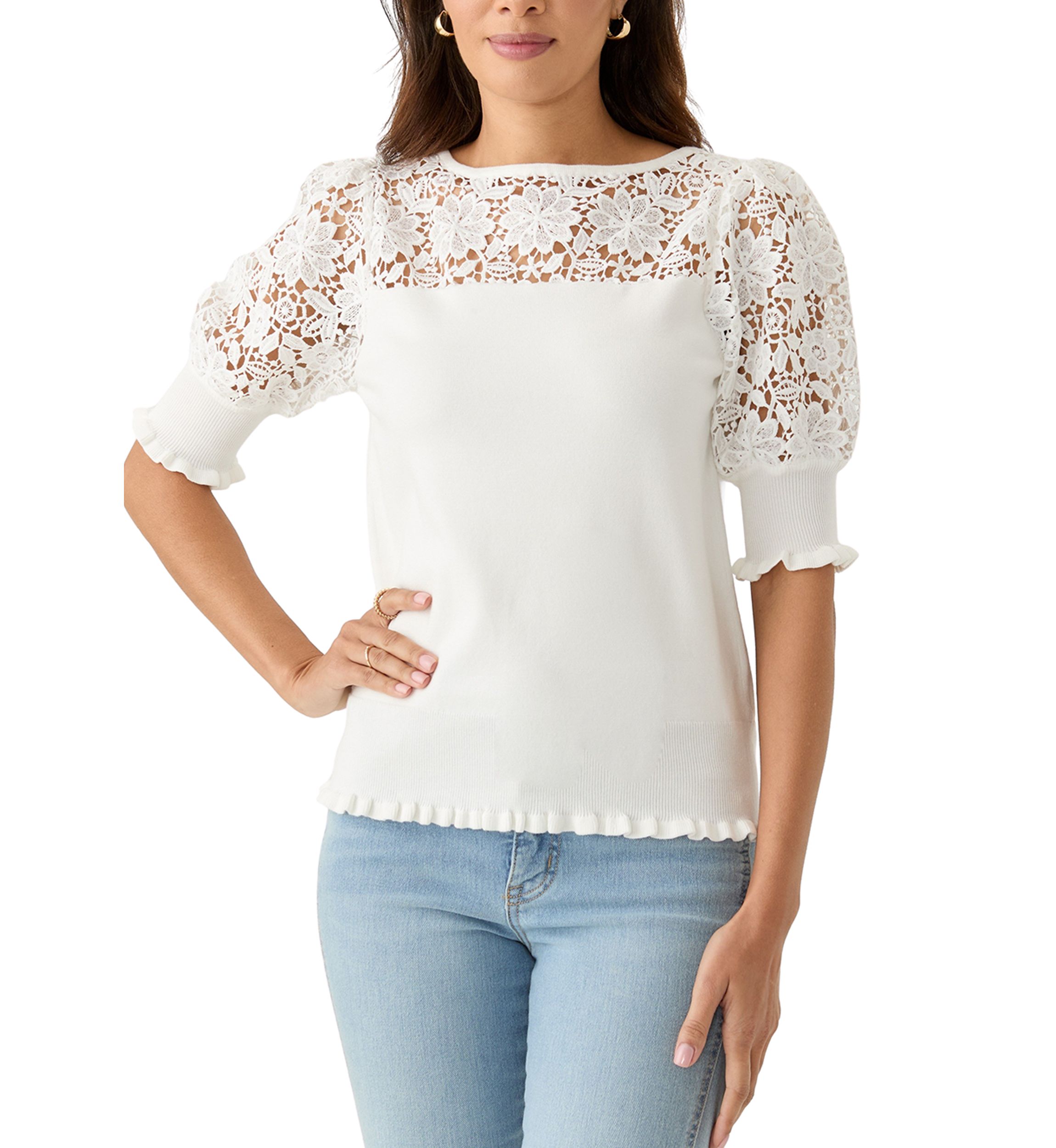 Womens Elbow Sleeve Crochet Sweater