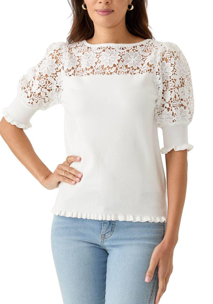 Womens Elbow Sleeve Crochet Sweater