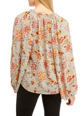 Women's Long Sleeve Split Neck Printed Peasant Top