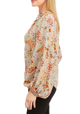 Women's Long Sleeve Split Neck Printed Peasant Top