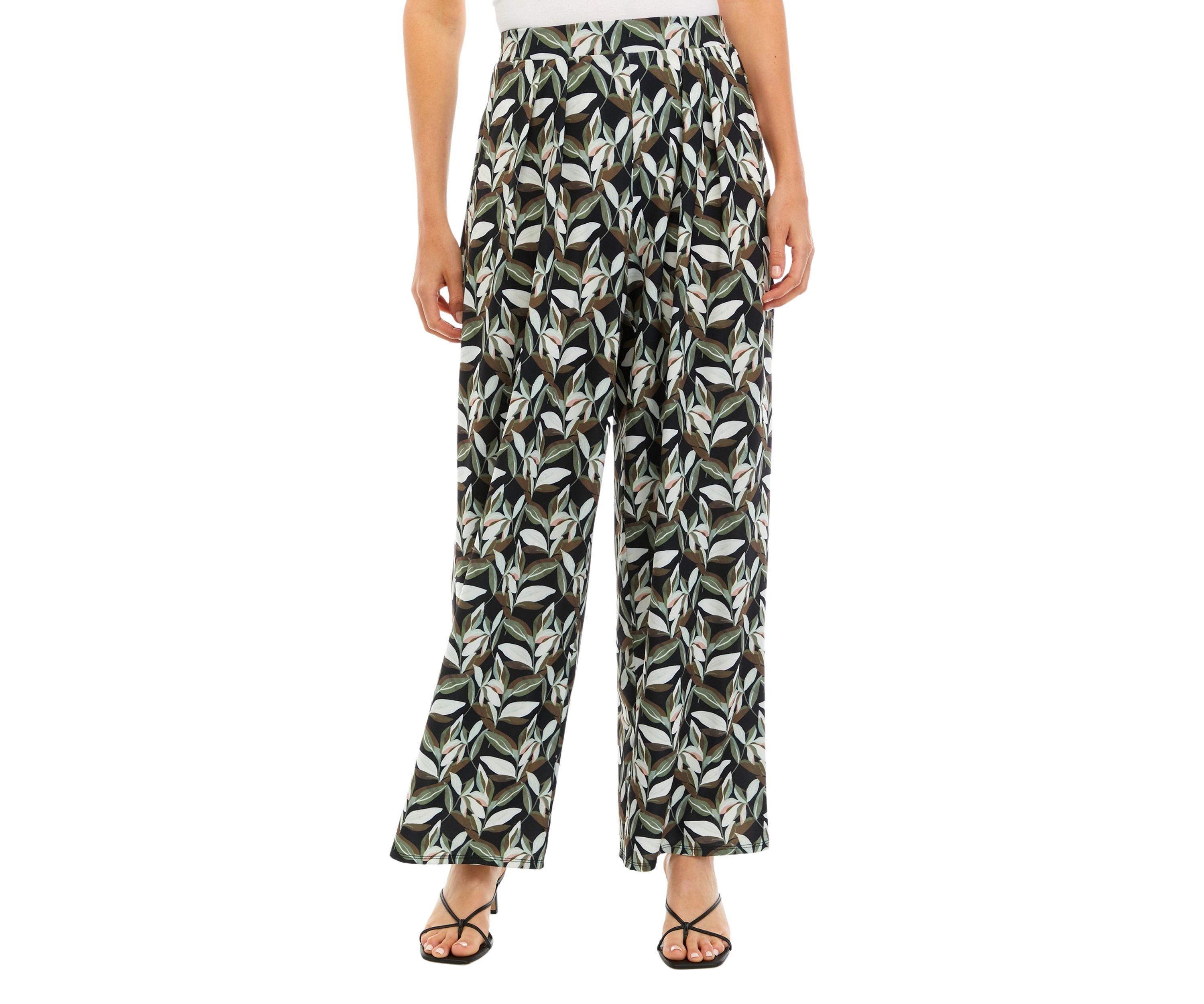 Womens Wide Leg Pull On Printed Pants with Pleated Waistband