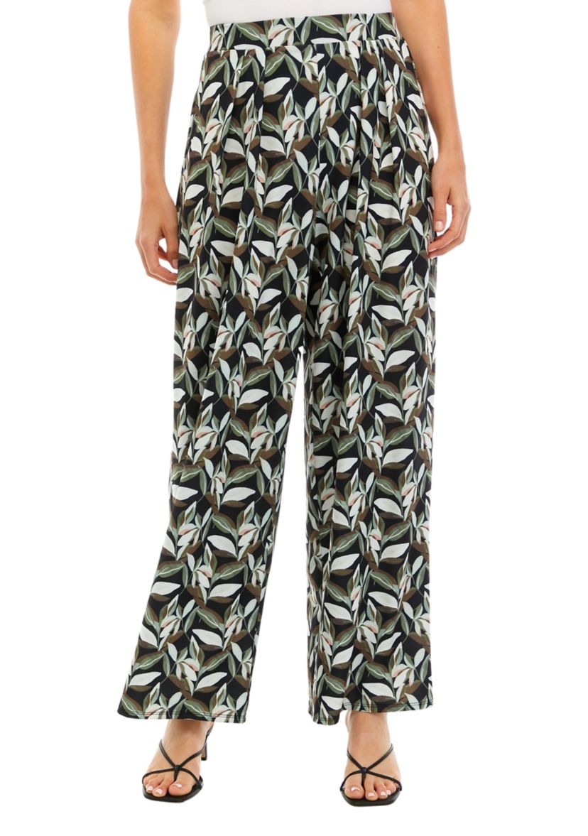 Womens Wide Leg Pull On Printed Pants with Pleated Waistband