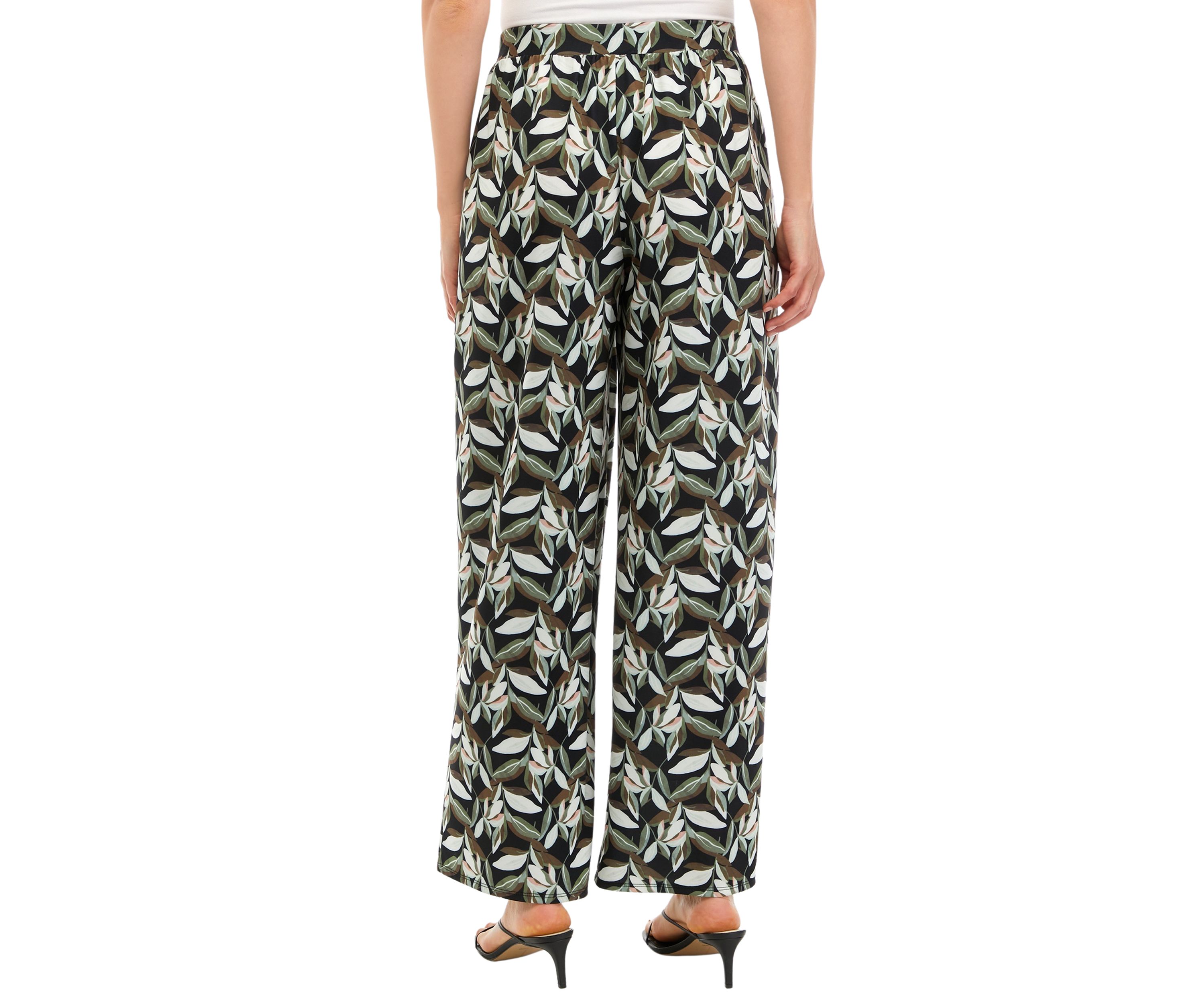 Womens Wide Leg Pull On Printed Pants with Pleated Waistband