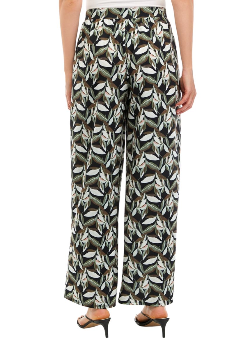 Womens Wide Leg Pull On Printed Pants with Pleated Waistband
