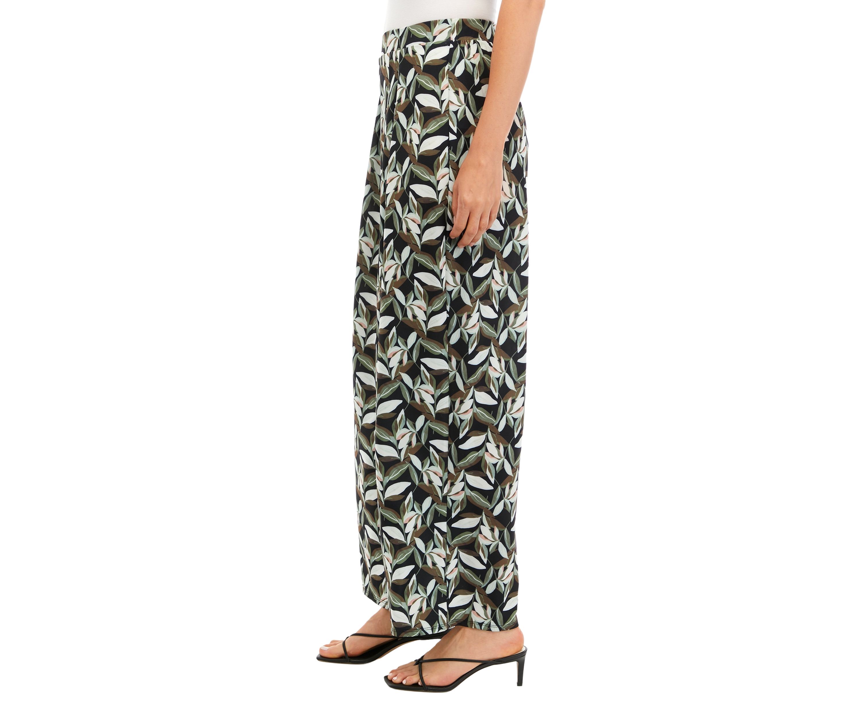Womens Wide Leg Pull On Printed Pants with Pleated Waistband