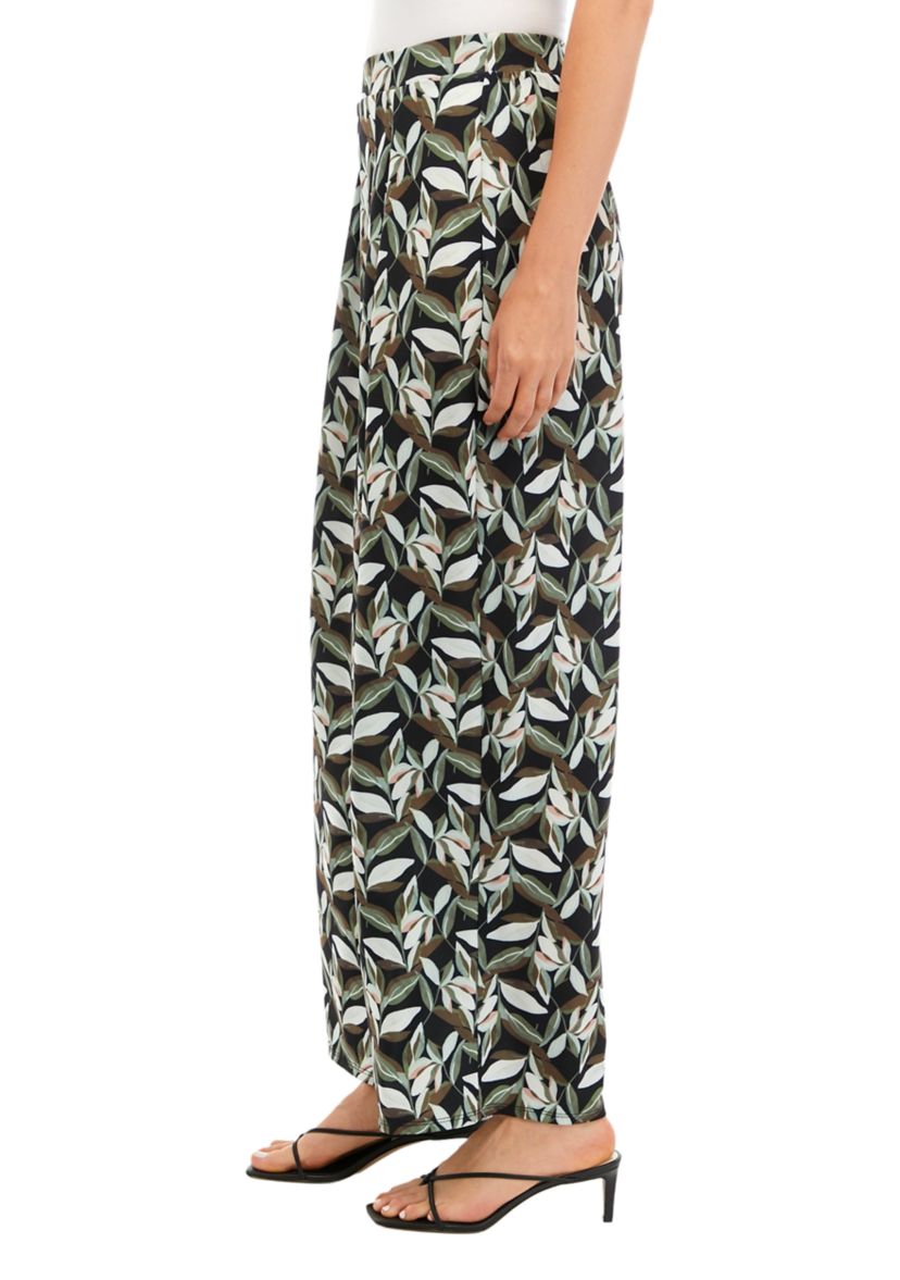 Womens Wide Leg Pull On Printed Pants with Pleated Waistband