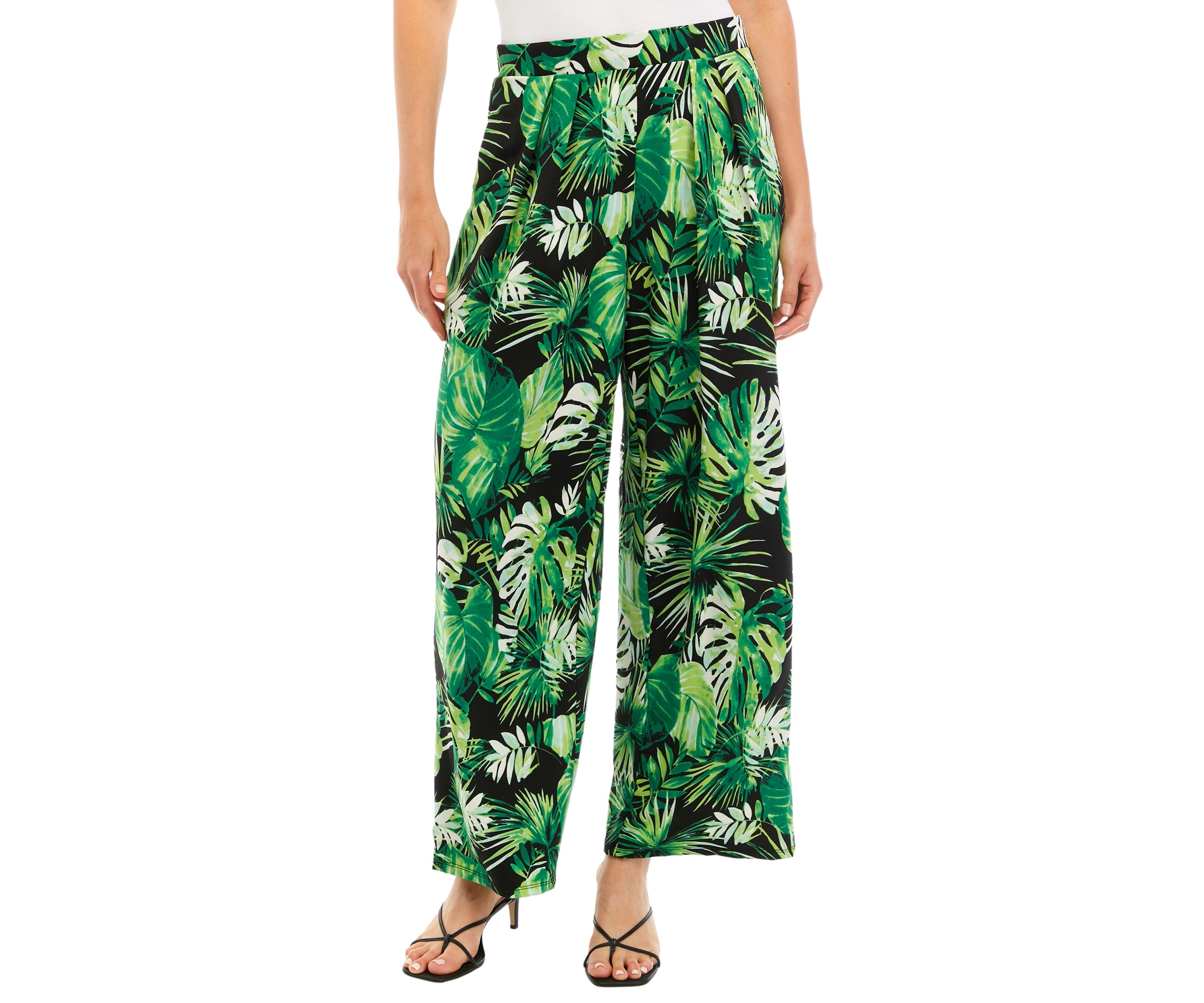 Womens Wide Leg Pull On Printed Pants with Pleated Waistband