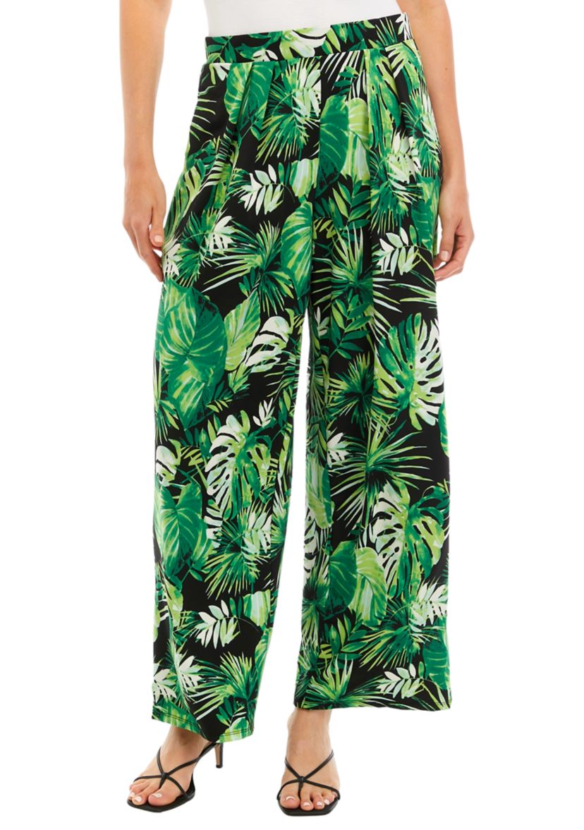 Womens Wide Leg Pull On Printed Pants with Pleated Waistband