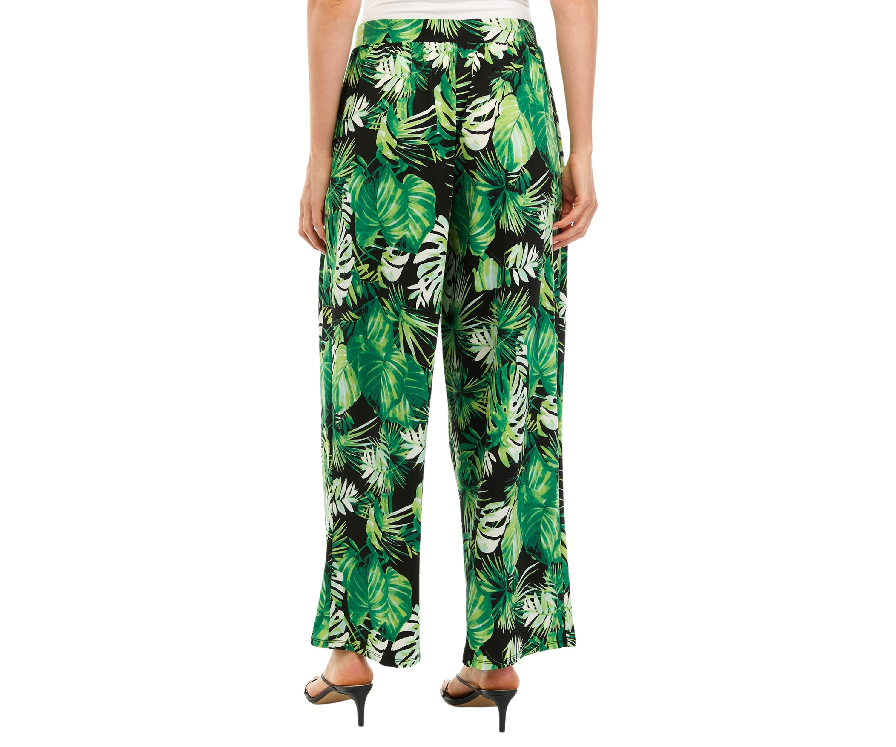 Womens Wide Leg Pull On Printed Pants with Pleated Waistband