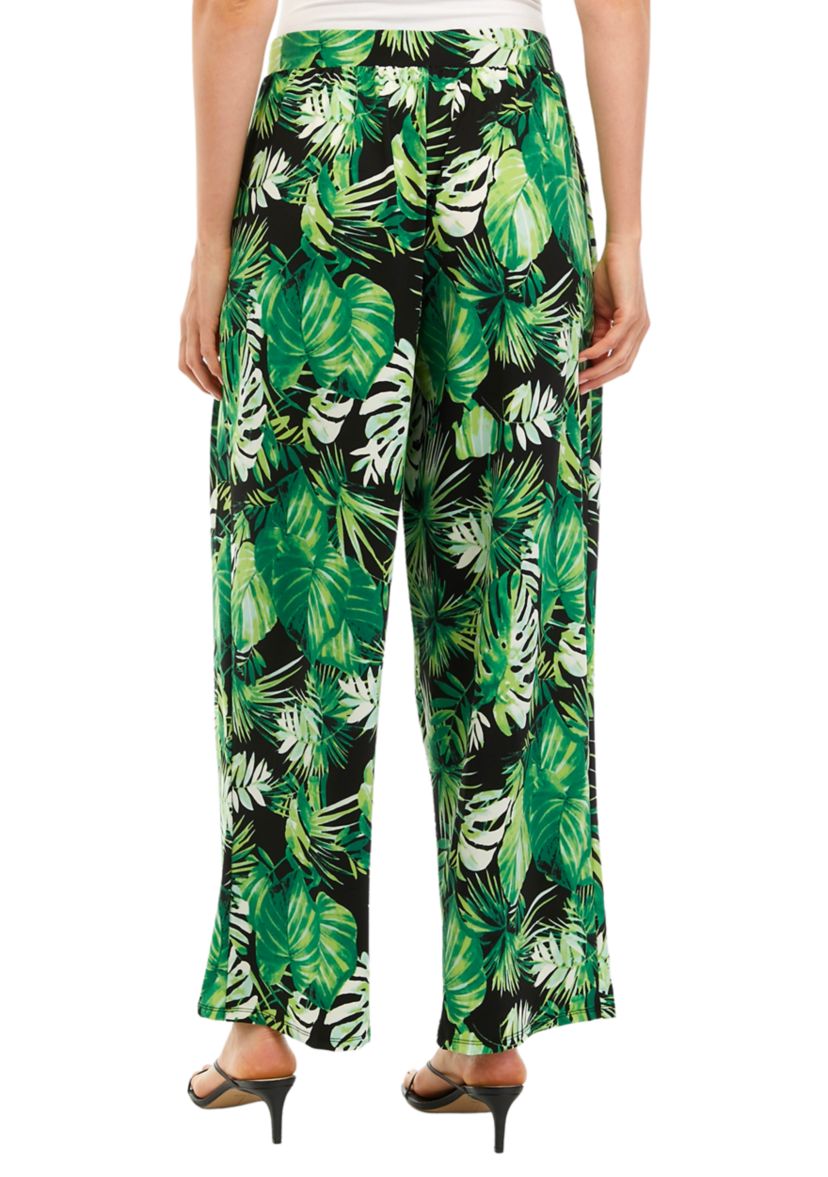 Womens Wide Leg Pull On Printed Pants with Pleated Waistband