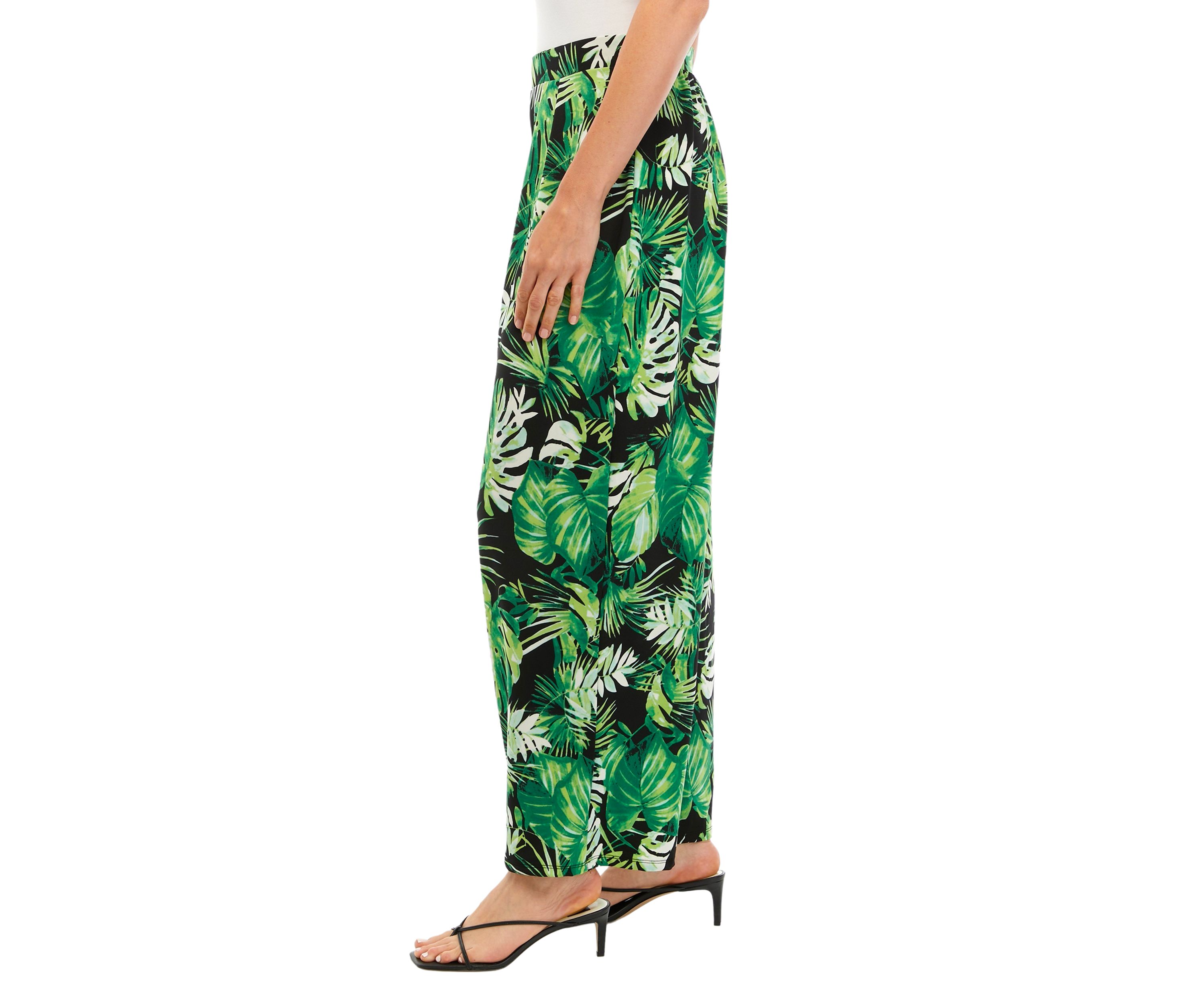 Womens Wide Leg Pull On Printed Pants with Pleated Waistband