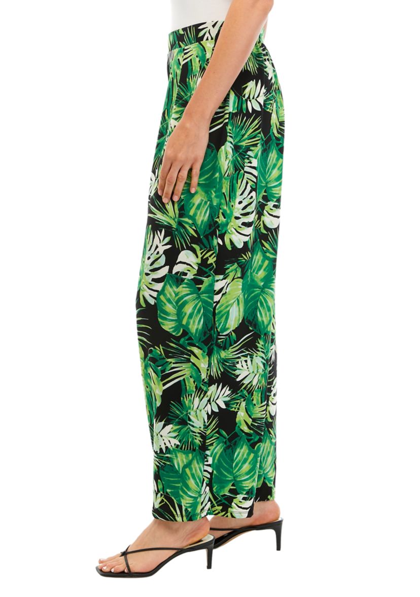 Womens Wide Leg Pull On Printed Pants with Pleated Waistband