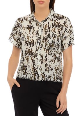 Women's Short Sleeve Button Front Printed Blouse