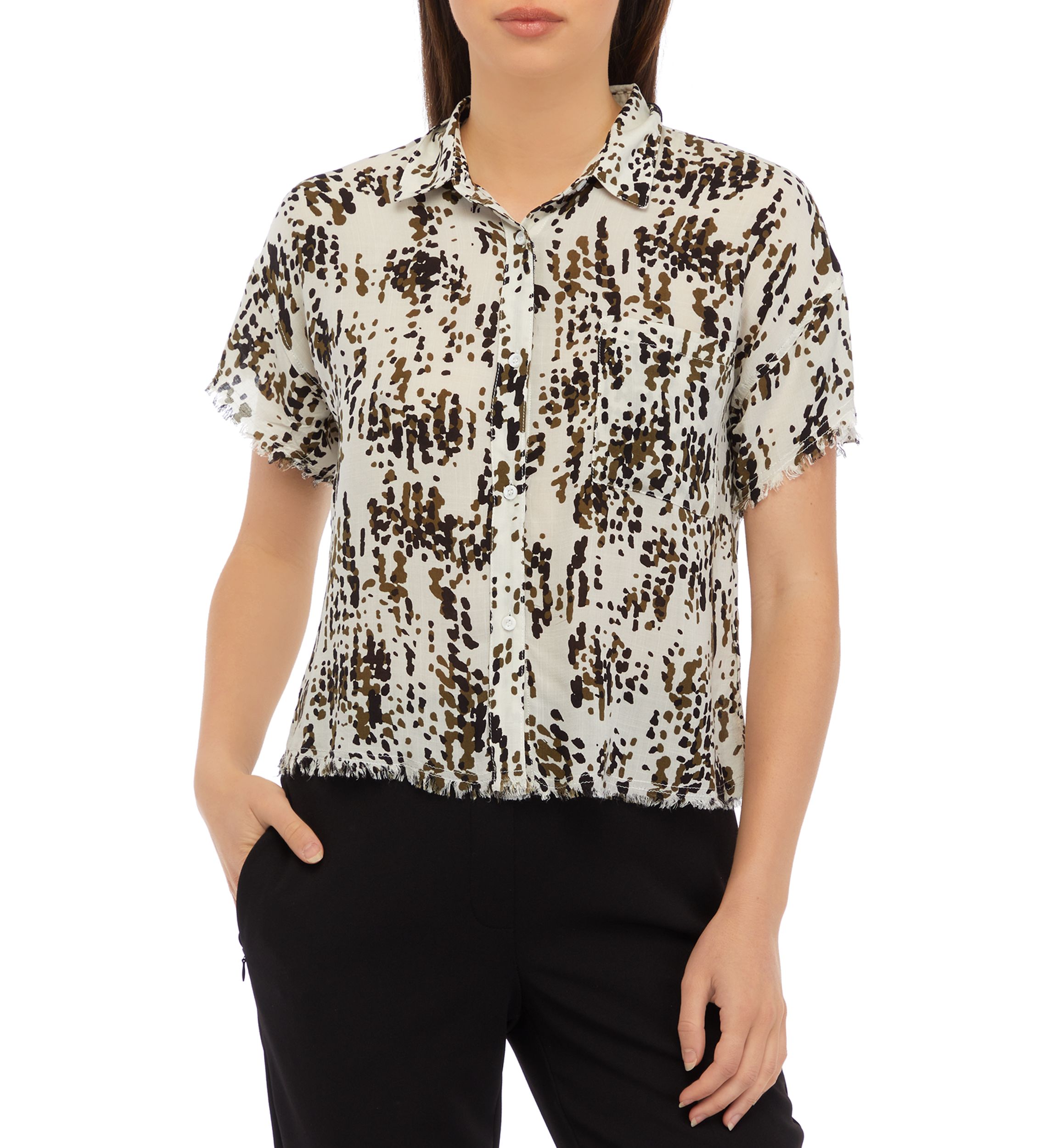 Womens Short Sleeve Button Front Printed Blouse