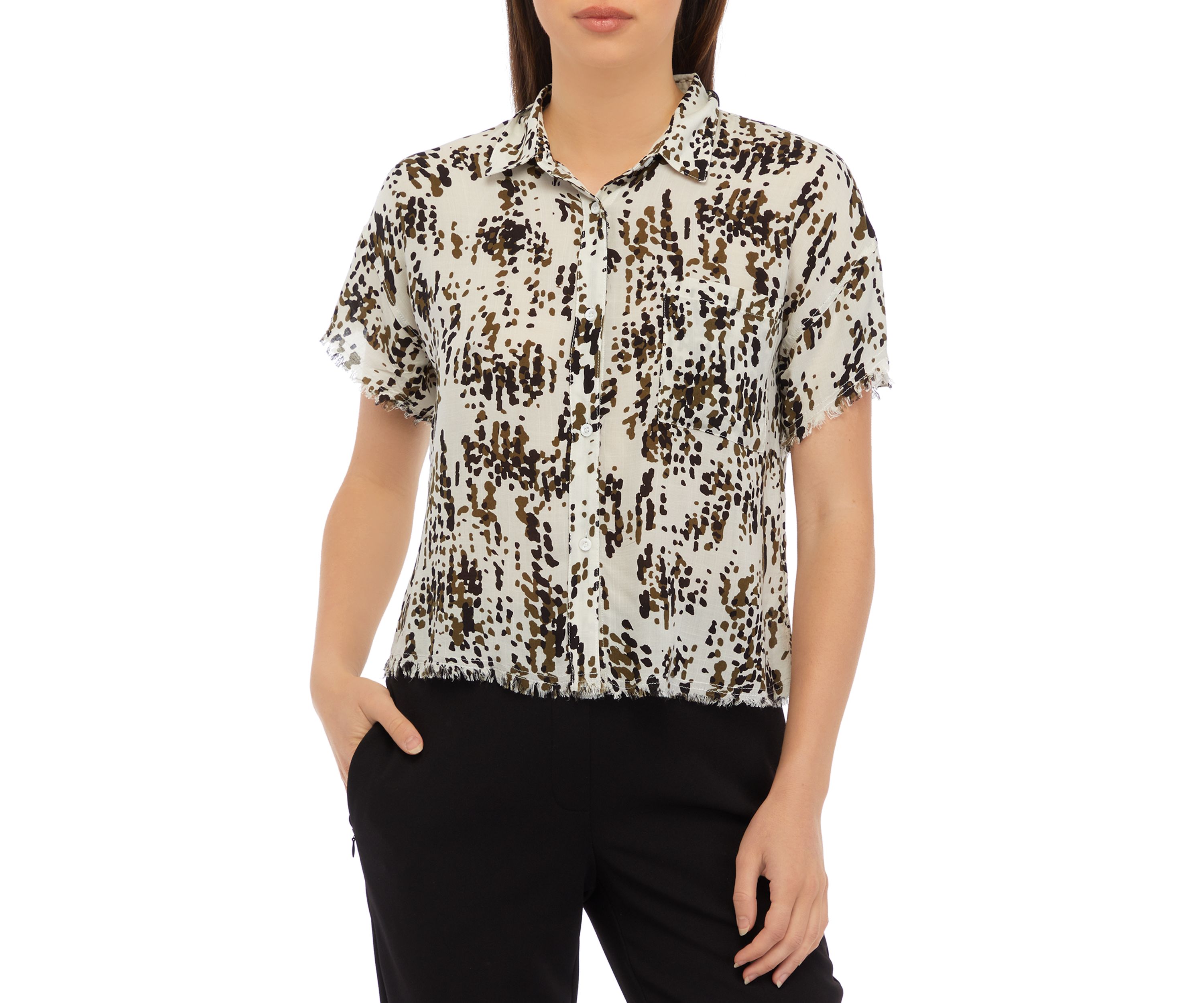 Womens Short Sleeve Button Front Printed Blouse