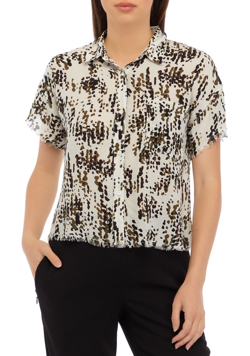 Womens Short Sleeve Button Front Printed Blouse