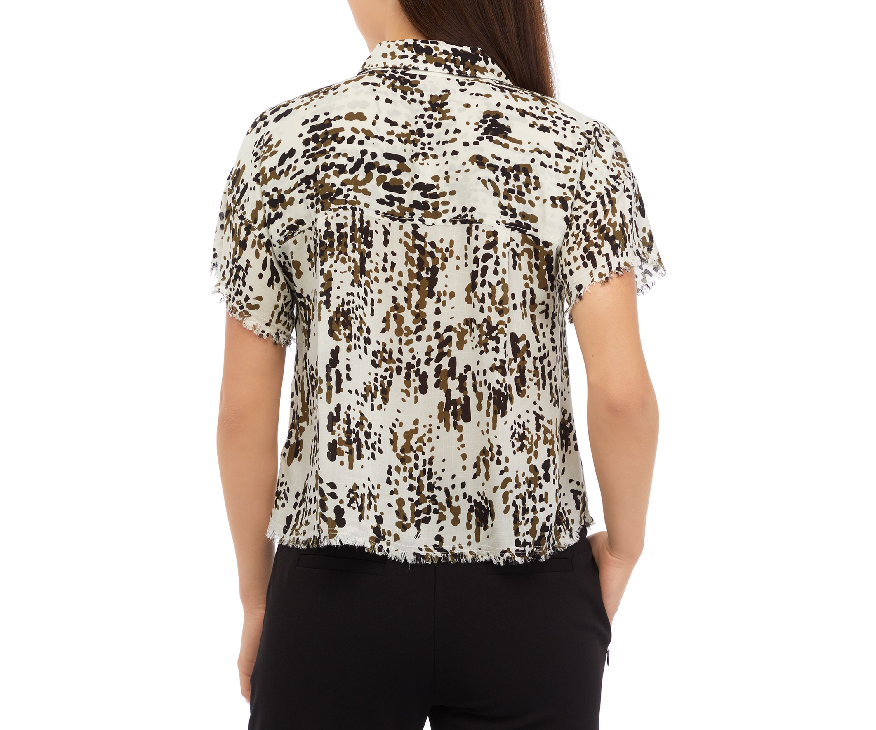 Womens Short Sleeve Button Front Printed Blouse