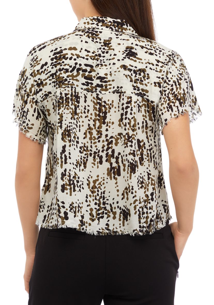 Womens Short Sleeve Button Front Printed Blouse