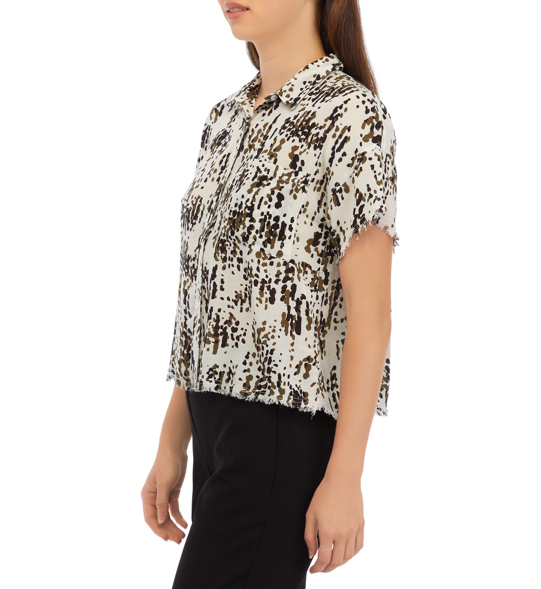Womens Short Sleeve Button Front Printed Blouse